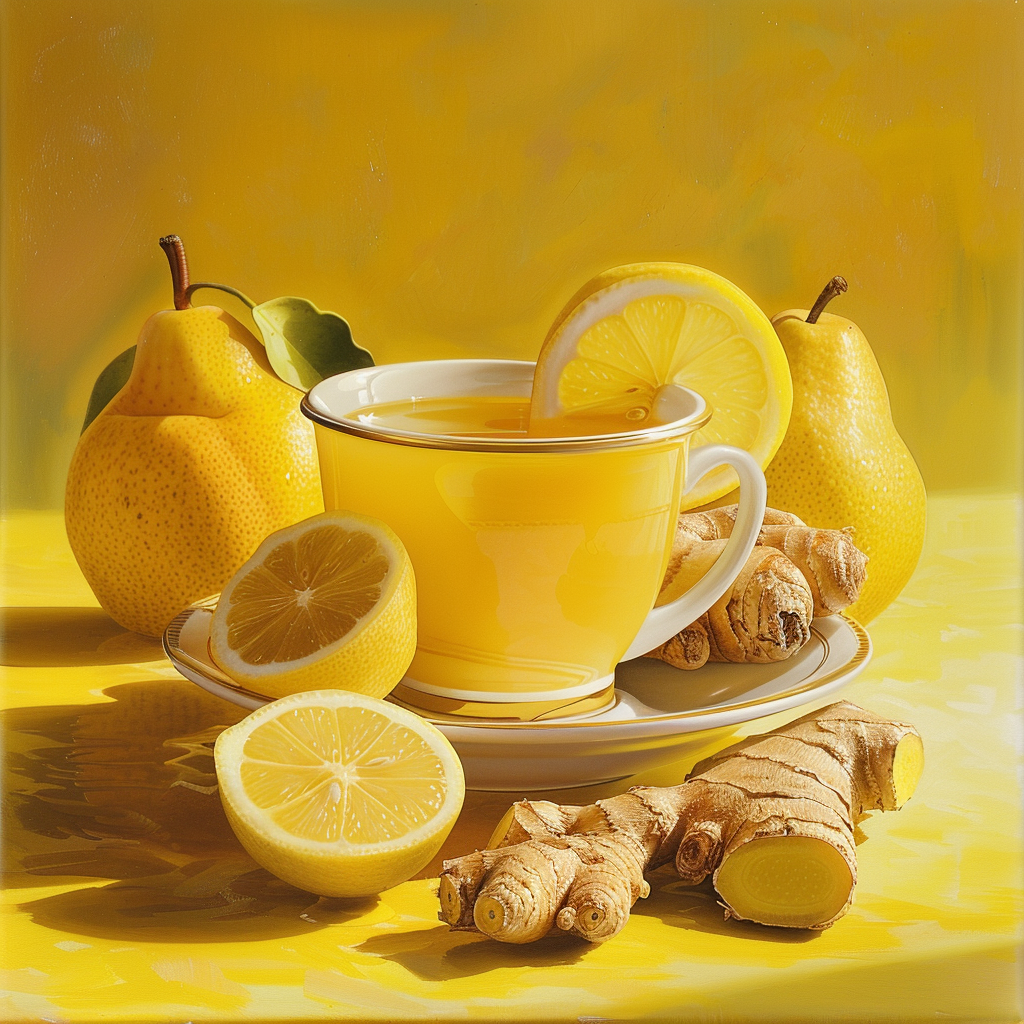 A vibrant yellow scene showcases our Lemon Ginger Glow, a refreshing cup bursting with goodness and adorned with a lemon slice on the rim. Surrounding the drink are fresh pears, halved lemons, and aromatic ginger roots, all set against a cheerful yellow surface. Bathed in sunlight that enhances their lively colors, this arrangement epitomizes freshness and vitality. Experience the health benefits of our meticulously crafted blends at Zestful Blends – where every product is made with love for your body and respect for our planet. A vibrant yellow scene showcases our Lemon Ginger Glow, a refreshing cup bursting with goodness and adorned with a lemon slice on the rim. Surrounding the drink are fresh pears, halved lemons, and aromatic ginger roots, all set against a cheerful yellow surface. Bathed in sunlight that enhances their lively colors, this arrangement epitomizes freshness and vitality. Experience the health benefits of our meticulously crafted blends at Zestful Blends – where every product is made with love for your body and respect for our planet.