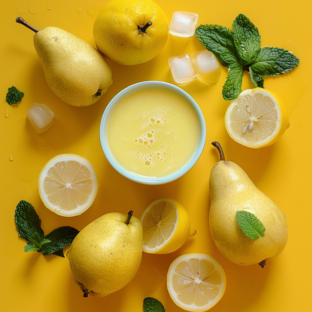 On a vibrant yellow background, fresh pears, zesty lemon halves, refreshing ice cubes, and lush green mint leaves encircle a bowl of our invigorating Lemonade Stand Smoothie. This tantalizing scene bursts with goodness and showcases the healthful freshness of Zestful Blends’ offerings. Our fruit salads, juices, snacks, smoothies, whole fruit packs, and desserts are crafted to deliver maximum flavor and nutritional benefits. Enjoy the vibrancy you crave with eco-friendly choices that nourish both you and the planet! On a vibrant yellow background, fresh pears, zesty lemon halves, refreshing ice cubes, and lush green mint leaves encircle a bowl of our invigorating Lemonade Stand Smoothie. This tantalizing scene bursts with goodness and showcases the healthful freshness of Zestful Blends’ offerings. Our fruit salads, juices, snacks, smoothies, whole fruit packs, and desserts are crafted to deliver maximum flavor and nutritional benefits. Enjoy the vibrancy you crave with eco-friendly choices that nourish both you and the planet!