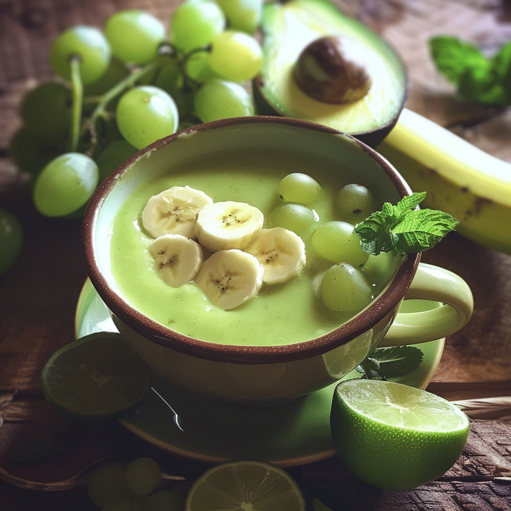 Delight in our nourishing Lime Avocado Bliss bowl, a vibrant creation bursting with goodness! This creamy green masterpiece, adorned with banana slices and juicy grapes, sits elegantly in a matching cup and saucer. Surrounding this fresh delight are lush grapes, half an avocado brimming with health benefits, a ripe banana, fragrant sliced lime, and a sprig of mint for the perfect touch. Indulge in the ultimate fusion of flavor and freshness with Zestful Blends – where every bite is an eco-friendly celebration of vitality. Delight in our nourishing Lime Avocado Bliss bowl, a vibrant creation bursting with goodness! This creamy green masterpiece, adorned with banana slices and juicy grapes, sits elegantly in a matching cup and saucer. Surrounding this fresh delight are lush grapes, half an avocado brimming with health benefits, a ripe banana, fragrant sliced lime, and a sprig of mint for the perfect touch. Indulge in the ultimate fusion of flavor and freshness with Zestful Blends – where every bite is an eco-friendly celebration of vitality.