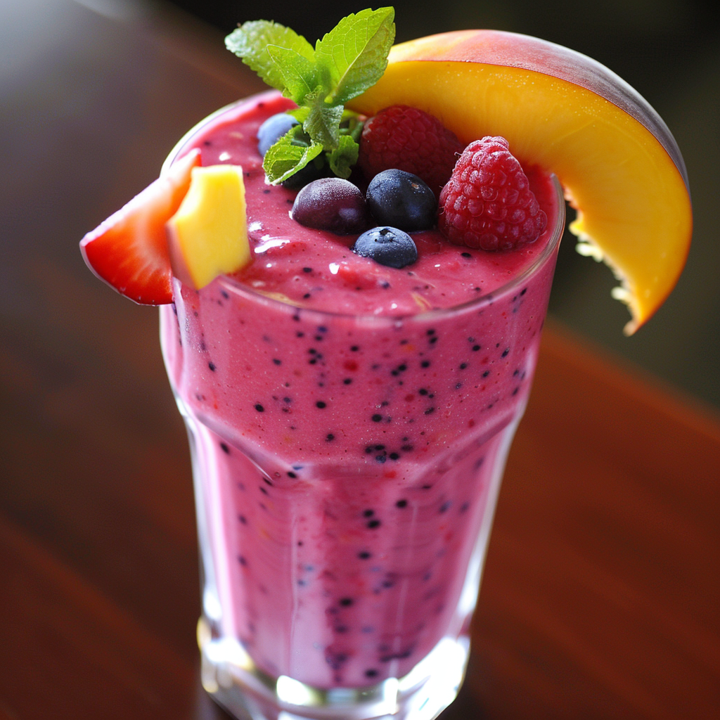 Indulge in a tall glass of our Mango Berry Mélange Smoothie, bursting with goodness and vibrant flavors! This refreshing drink, infused with the luscious taste of mango and crowned with fresh blueberries, raspberries, a sliced strawberry, and a peach slice, is garnished with a sprig of mint for an extra touch of freshness. Served on an inviting wooden surface, this smoothie embodies Zestful Blends' commitment to healthiness and vitality. Enjoy the ultimate blend of nature's finest ingredients in every sip! Indulge in a tall glass of our Mango Berry Mélange Smoothie, bursting with goodness and vibrant flavors! This refreshing drink, infused with the luscious taste of mango and crowned with fresh blueberries, raspberries, a sliced strawberry, and a peach slice, is garnished with a sprig of mint for an extra touch of freshness. Served on an inviting wooden surface, this smoothie embodies Zestful Blends' commitment to healthiness and vitality. Enjoy the ultimate blend of nature's finest ingredients in every sip!