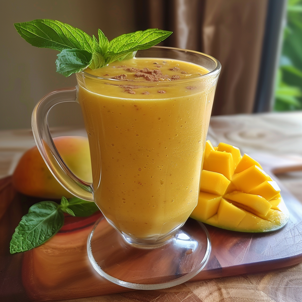 A glass of Mango Melody Smoothie, bursting with goodness, garnished with a sprig of mint. This light orange smoothie is topped with a sprinkle of cinnamon for an added touch of warmth. Beside the glass, discover a beautifully fanned-out sliced mango and fresh mint leaves on a sustainable wooden surface. Indulge in this vibrant blend that embodies the health benefits and refreshing essence of Zestful Blends' finest products. A glass of Mango Melody Smoothie, bursting with goodness, garnished with a sprig of mint. This light orange smoothie is topped with a sprinkle of cinnamon for an added touch of warmth. Beside the glass, discover a beautifully fanned-out sliced mango and fresh mint leaves on a sustainable wooden surface. Indulge in this vibrant blend that embodies the health benefits and refreshing essence of Zestful Blends' finest products.