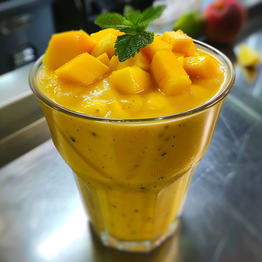 Energize your day with our Mango Melody Smoothie, bursting with goodness! This tall glass of vibrant yellow delight is brimming with creamy mango richness, adorned with fresh mango chunks and a sprig of mint for that extra zing. Each sip offers a smooth texture and visible seeds that remind you of the pure, natural ingredients we’ve blended to perfection. Behind this masterpiece lies a blurred kitchen backdrop, evoking an atmosphere of culinary creativity and freshness. Embrace the health benefits and eco-friendly ethos of Zestful Blends today! Energize your day with our Mango Melody Smoothie, bursting with goodness! This tall glass of vibrant yellow delight is brimming with creamy mango richness, adorned with fresh mango chunks and a sprig of mint for that extra zing. Each sip offers a smooth texture and visible seeds that remind you of the pure, natural ingredients we’ve blended to perfection. Behind this masterpiece lies a blurred kitchen backdrop, evoking an atmosphere of culinary creativity and freshness. Embrace the health benefits and eco-friendly ethos of Zestful Blends today!