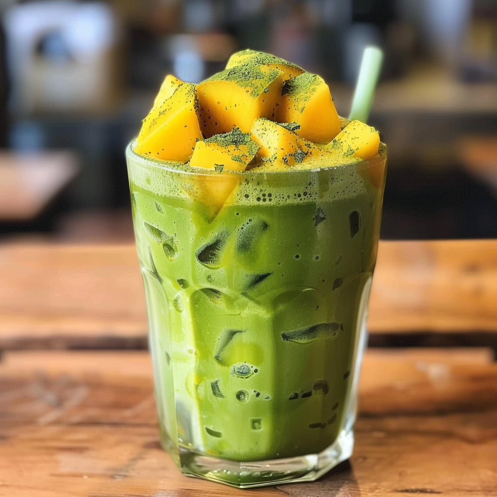 A glass brimming with our vibrant Matcha Mango Marvel, bursting with health benefits and the freshest ingredients. This invigorating drink, adorned with ice cubes and crowned with juicy diced mango, offers a delightful fusion of flavors. A sleek straw invites you to indulge in this refreshing blend, all set against a rustic wooden backdrop. Experience the marvel of wellness in every sip and savor the eco-friendly packaging that aligns perfectly with your health-conscious lifestyle.đ±đ„ A glass brimming with our vibrant Matcha Mango Marvel, bursting with health benefits and the freshest ingredients. This invigorating drink, adorned with ice cubes and crowned with juicy diced mango, offers a delightful fusion of flavors. A sleek straw invites you to indulge in this refreshing blend, all set against a rustic wooden backdrop. Experience the marvel of wellness in every sip and savor the eco-friendly packaging that aligns perfectly with your health-conscious lifestyle.đ±đ„