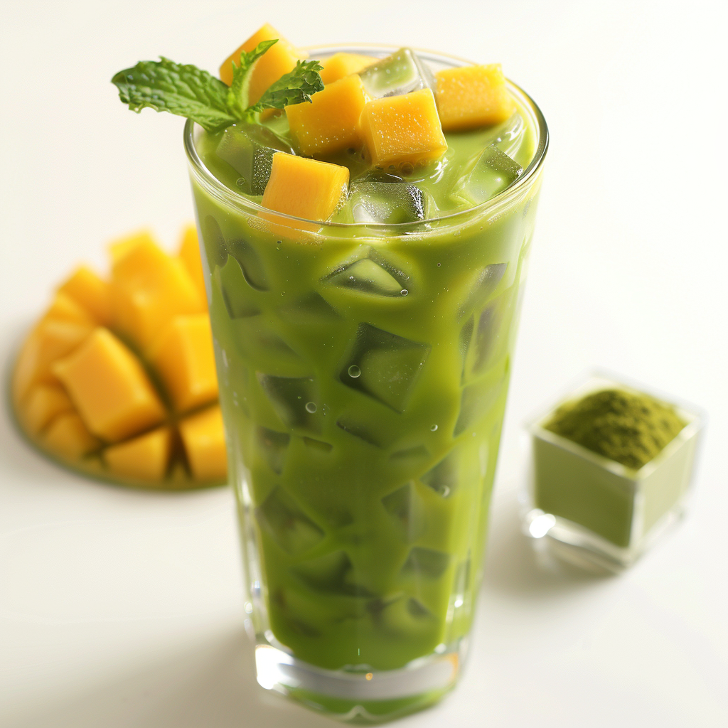 A tall glass of Matcha Mango Marvel, brimming with the vibrant fusion of freshly blended matcha and succulent mango, crowned with luscious mango cubes and a sprig of mint. In the background, more juicy mango chunks and a touch of premium matcha powder on a pristine white surface. Zestful Blendsâwhere every sip is bursting with goodness, delivering health benefits and pure freshness in every delightful morsel! Indulge in our eco-friendly offerings designed to invigorate your senses and nourish your body. A tall glass of Matcha Mango Marvel, brimming with the vibrant fusion of freshly blended matcha and succulent mango, crowned with luscious mango cubes and a sprig of mint. In the background, more juicy mango chunks and a touch of premium matcha powder on a pristine white surface. Zestful Blendsâwhere every sip is bursting with goodness, delivering health benefits and pure freshness in every delightful morsel! Indulge in our eco-friendly offerings designed to invigorate your senses and nourish your body.