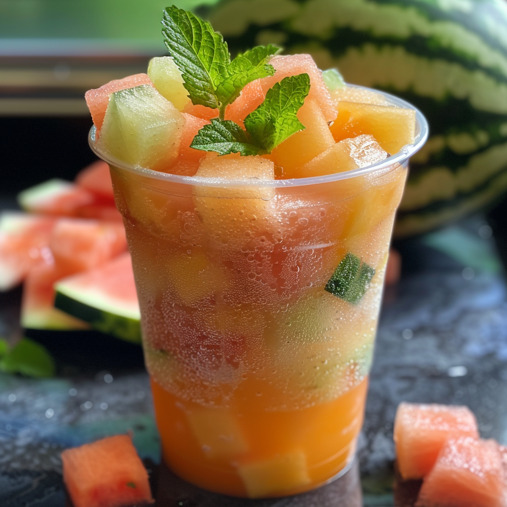 Experience the vibrant burst of health and freshness with Zestful Blends' Melon Medley Magic! This clear, eco-friendly cup is brimming with a colorful array of cubed watermelon, cantaloupe, and honeydew, all crowned with a sprig of aromatic fresh mint. Each bite is bursting with goodness and natural sweetness! The refreshing condensation on the cup adds a magical touch to this delightful scene, showing off even more luscious cut fruit and whole melons in the background. Enjoy our Melon Medley Magic as part of our wholesome fruit salads collection—a perfect way to invigorate your day with nature's finest flavors. At Zestful Blends, we’re committed to delivering deliciously fresh products that boost your health while caring for the planet. Experience the vibrant burst of health and freshness with Zestful Blends' Melon Medley Magic! This clear, eco-friendly cup is brimming with a colorful array of cubed watermelon, cantaloupe, and honeydew, all crowned with a sprig of aromatic fresh mint. Each bite is bursting with goodness and natural sweetness! The refreshing condensation on the cup adds a magical touch to this delightful scene, showing off even more luscious cut fruit and whole melons in the background. Enjoy our Melon Medley Magic as part of our wholesome fruit salads collection—a perfect way to invigorate your day with nature's finest flavors. At Zestful Blends, we’re committed to delivering deliciously fresh products that boost your health while caring for the planet.