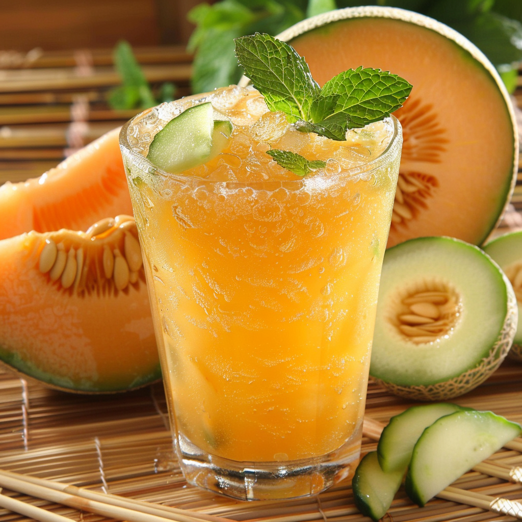Immerse yourself in the vibrant freshness of our Minted Melon Mix, a refreshing blend bursting with goodness. Served over crushed ice and garnished with a sprig of mint and a crisp cucumber slice, this concoction is as refreshing as it is nutritious. Surrounding the glass are tantalizing halves and slices of juicy melon and cucumber, all laid out on an eco-friendly bamboo mat. Perfectly embodying our commitment to health, taste, and sustainability at Zestful Blends! Immerse yourself in the vibrant freshness of our Minted Melon Mix, a refreshing blend bursting with goodness. Served over crushed ice and garnished with a sprig of mint and a crisp cucumber slice, this concoction is as refreshing as it is nutritious. Surrounding the glass are tantalizing halves and slices of juicy melon and cucumber, all laid out on an eco-friendly bamboo mat. Perfectly embodying our commitment to health, taste, and sustainability at Zestful Blends!