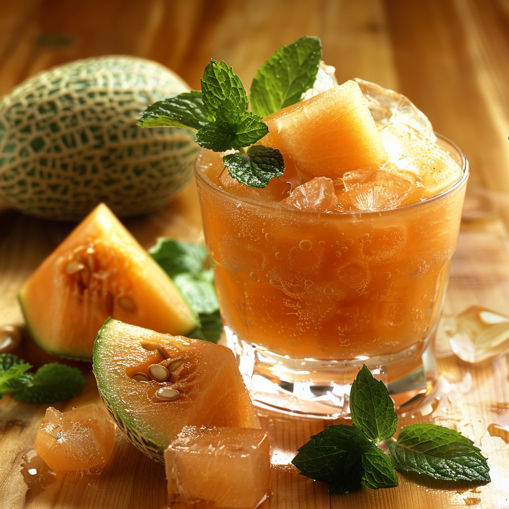 A refreshing glass of Zestful Blends’ Minted Melon Mix, bursting with goodness and garnished with fresh mint leaves. Filled with ice cubes and succulent melon chunks, this delightful beverage exudes freshness. Surrounding the glass are vibrant cantaloupe slices and fragrant mint sprigs, artfully arranged on a rustic wooden surface. In the background, a whole cantaloupe beckons with the promise of wholesome flavor. Enjoy our eco-friendly treat that’s as good for the planet as it is for your health! A refreshing glass of Zestful Blends’ Minted Melon Mix, bursting with goodness and garnished with fresh mint leaves. Filled with ice cubes and succulent melon chunks, this delightful beverage exudes freshness. Surrounding the glass are vibrant cantaloupe slices and fragrant mint sprigs, artfully arranged on a rustic wooden surface. In the background, a whole cantaloupe beckons with the promise of wholesome flavor. Enjoy our eco-friendly treat that’s as good for the planet as it is for your health!