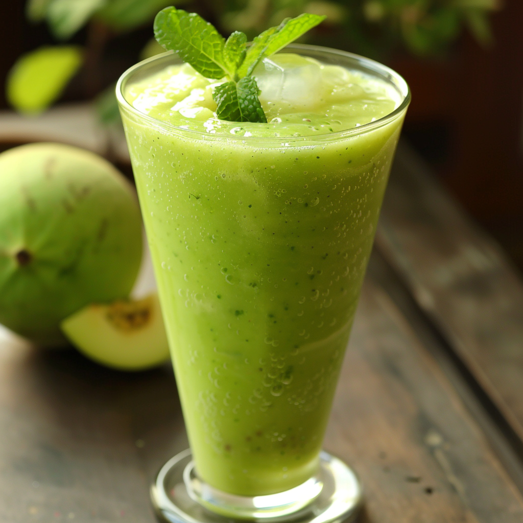A tall glass of our Minty Green Guava Smoothie, bursting with goodness and garnished with a fresh sprig of mint and ice cubes. This creamy delight sits atop a rustic wooden surface, exuding freshness and vitality. In the background, a lush green melon peeks into view, underscoring the natural ingredients we cherish. At Zestful Blends, our smoothies are not just drinks; they’re vibrant health-boosters crafted for your wellness journey. Plus, we’re committed to eco-friendly practices in every blend we create! A tall glass of our Minty Green Guava Smoothie, bursting with goodness and garnished with a fresh sprig of mint and ice cubes. This creamy delight sits atop a rustic wooden surface, exuding freshness and vitality. In the background, a lush green melon peeks into view, underscoring the natural ingredients we cherish. At Zestful Blends, our smoothies are not just drinks; they’re vibrant health-boosters crafted for your wellness journey. Plus, we’re committed to eco-friendly practices in every blend we create!