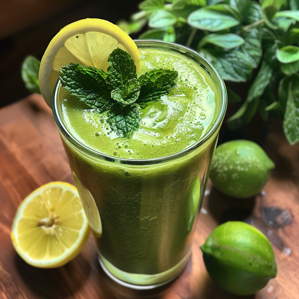 Indulge in a tall glass of vibrant Minty Green Guava Smoothie, bursting with goodness and garnished with a refreshing slice of lemon and a sprig of fresh mint. Nestled on a rustic wooden surface, this smoothie is surrounded by whole lemons and limes, alongside the lush greenery of eco-friendly plants. Embrace the freshness and health benefits packed into every sip, perfect for your zestful lifestyle. Indulge in a tall glass of vibrant Minty Green Guava Smoothie, bursting with goodness and garnished with a refreshing slice of lemon and a sprig of fresh mint. Nestled on a rustic wooden surface, this smoothie is surrounded by whole lemons and limes, alongside the lush greenery of eco-friendly plants. Embrace the freshness and health benefits packed into every sip, perfect for your zestful lifestyle.