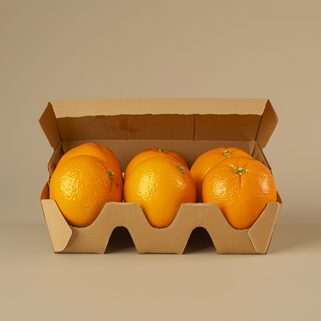 A bright, eco-friendly cardboard carton brimming with six luscious, vibrant oranges arranged in neat rows against a clean backdrop. Our Orange Package is an open invitation to savor nature's zestful bounty, bursting with goodness and health benefits. A bright, eco-friendly cardboard carton brimming with six luscious, vibrant oranges arranged in neat rows against a clean backdrop. Our Orange Package is an open invitation to savor nature's zestful bounty, bursting with goodness and health benefits.