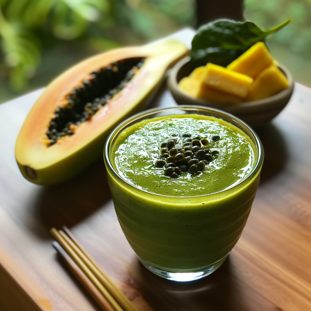 Indulge in the vibrant Papaya Paradise Smoothie, a refreshing blend bursting with goodness! Topped with nutrient-rich chia seeds, this smoothie sits elegantly in a glass, showcasing a lush backdrop of greenery. Surrounding it are fresh-cut papaya halves and a colorful bowl of pineapple chunks and spinach leaves—ingredients that promise paradise in every sip. Wooden chopsticks rest nearby, echoing our commitment to eco-friendly choices. Dive into health and freshness with Zestful Blends today! Indulge in the vibrant Papaya Paradise Smoothie, a refreshing blend bursting with goodness! Topped with nutrient-rich chia seeds, this smoothie sits elegantly in a glass, showcasing a lush backdrop of greenery. Surrounding it are fresh-cut papaya halves and a colorful bowl of pineapple chunks and spinach leaves—ingredients that promise paradise in every sip. Wooden chopsticks rest nearby, echoing our commitment to eco-friendly choices. Dive into health and freshness with Zestful Blends today!