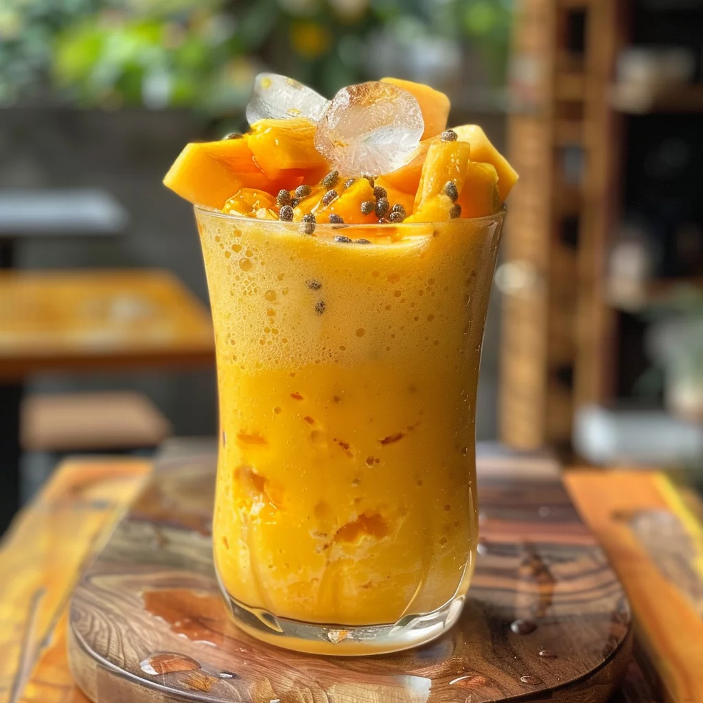 A glass filled with our vibrant and creamy Papaya Passion Potion, bursting with goodness! Topped with succulent fresh mango chunks, refreshing ice cubes, and a sprinkle of nutrient-packed chia seeds. This health-boosting smoothie sits invitingly on a rustic wooden table against a lush green backdrop. Enjoy the perfect blend of freshness and wellness in every sip. Zestful Blends – where nature's best meets eco-friendly delight! A glass filled with our vibrant and creamy Papaya Passion Potion, bursting with goodness! Topped with succulent fresh mango chunks, refreshing ice cubes, and a sprinkle of nutrient-packed chia seeds. This health-boosting smoothie sits invitingly on a rustic wooden table against a lush green backdrop. Enjoy the perfect blend of freshness and wellness in every sip. Zestful Blends – where nature's best meets eco-friendly delight!