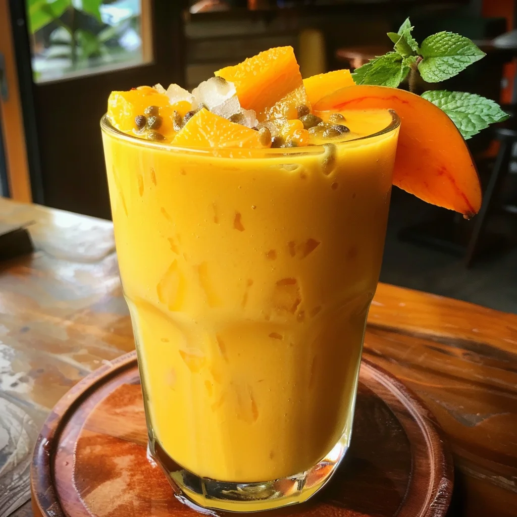 Experience the zest of health and vibrancy with our Papaya Passion Potion, bursting with goodness! This refreshing glass of sunshine features a bright yellow papaya smoothie, garnished with succulent chunks of fresh mango, cooling ice cubes, a sprig of mint leaves, and a delightful slice of papaya on the rim. Served on a rustic wooden table in our cozy and warmly lit café that embodies passion for wellness. Enjoy the perfect blend of flavor and nutrition while supporting eco-friendly practices at Zestful Blends! Experience the zest of health and vibrancy with our Papaya Passion Potion, bursting with goodness! This refreshing glass of sunshine features a bright yellow papaya smoothie, garnished with succulent chunks of fresh mango, cooling ice cubes, a sprig of mint leaves, and a delightful slice of papaya on the rim. Served on a rustic wooden table in our cozy and warmly lit café that embodies passion for wellness. Enjoy the perfect blend of flavor and nutrition while supporting eco-friendly practices at Zestful Blends!