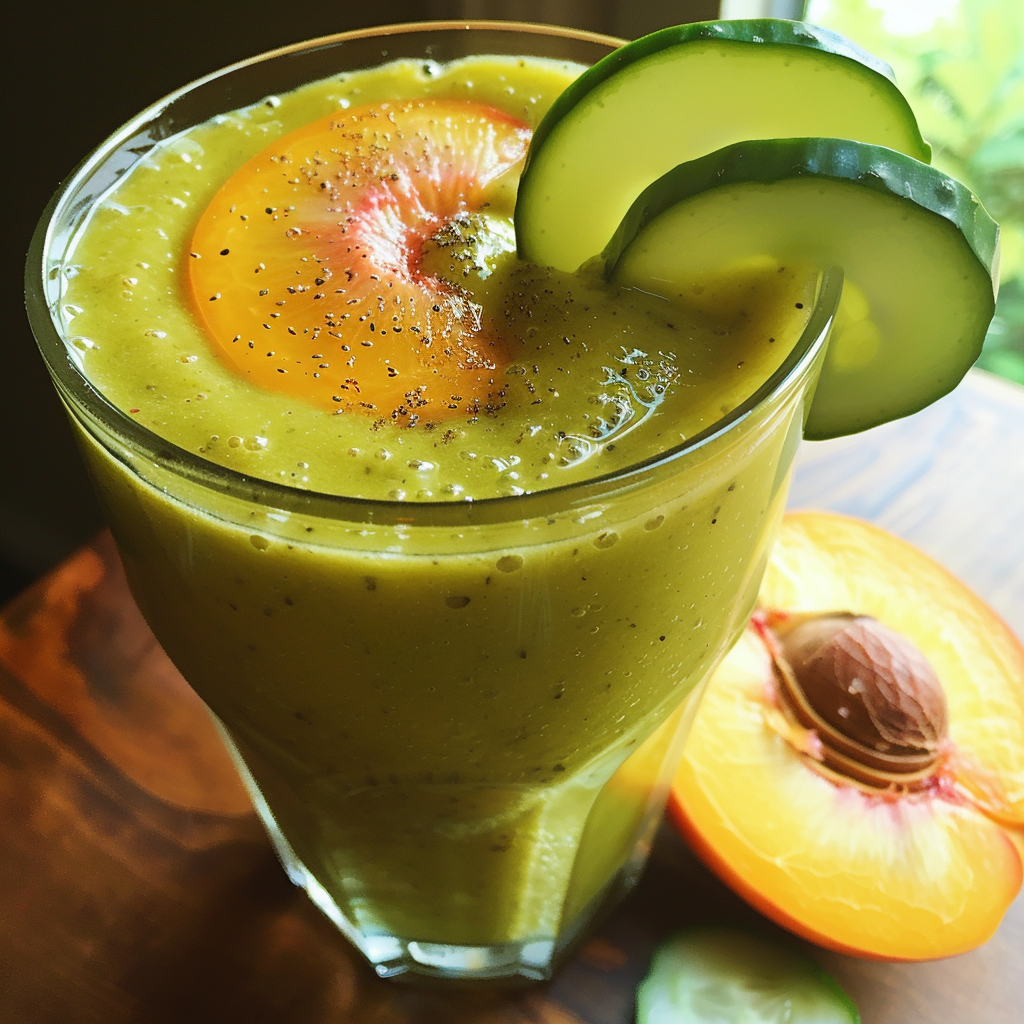 A glass of Peachy Green Serenity, bursting with goodness and garnished with three fresh cucumber slices and a luscious peach slice, elegantly served on a rustic wooden table. Beside the glass, you’ll find a perfectly halved peach and a crisp cucumber slice, highlighting the fresh ingredients that make this smoothie so invigorating. Sprinkled with black pepper for an added zing, this soothing green delight embodies health and vitality with its refreshing hue and delightful peachy essence. Enjoy this eco-friendly treat from Zestful Blends—your source for vibrant fruit salads, revitalizing juices, wholesome snacks, nutrient-packed smoothies, whole fruit packs brimming with freshness, and decadent desserts that nourish your body and soul. A glass of Peachy Green Serenity, bursting with goodness and garnished with three fresh cucumber slices and a luscious peach slice, elegantly served on a rustic wooden table. Beside the glass, you’ll find a perfectly halved peach and a crisp cucumber slice, highlighting the fresh ingredients that make this smoothie so invigorating. Sprinkled with black pepper for an added zing, this soothing green delight embodies health and vitality with its refreshing hue and delightful peachy essence. Enjoy this eco-friendly treat from Zestful Blends—your source for vibrant fruit salads, revitalizing juices, wholesome snacks, nutrient-packed smoothies, whole fruit packs brimming with freshness, and decadent desserts that nourish your body and soul.