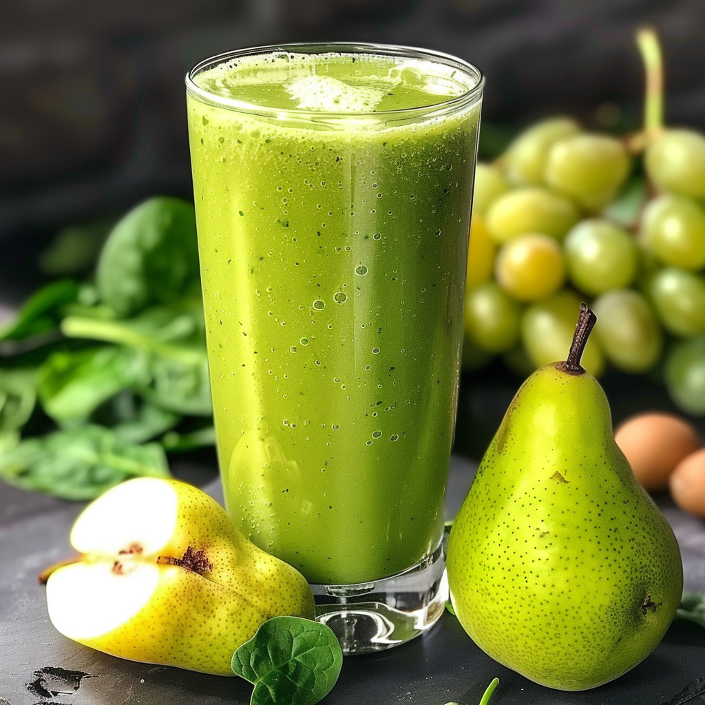 A tall glass of Pear Perfection Smoothie stands proudly amidst an array of fresh, vibrant ingredients—whole and halved pears, green grapes, and crisp spinach leaves—all set against a sleek dark surface. This thick and frothy smoothie is bursting with goodness, evident in the glistening bubbles that accentuate its ultimate freshness. Enjoy a taste of health in every sip with Zestful Blends' eco-friendly promise to deliver nature’s best! A tall glass of Pear Perfection Smoothie stands proudly amidst an array of fresh, vibrant ingredients—whole and halved pears, green grapes, and crisp spinach leaves—all set against a sleek dark surface. This thick and frothy smoothie is bursting with goodness, evident in the glistening bubbles that accentuate its ultimate freshness. Enjoy a taste of health in every sip with Zestful Blends' eco-friendly promise to deliver nature’s best!