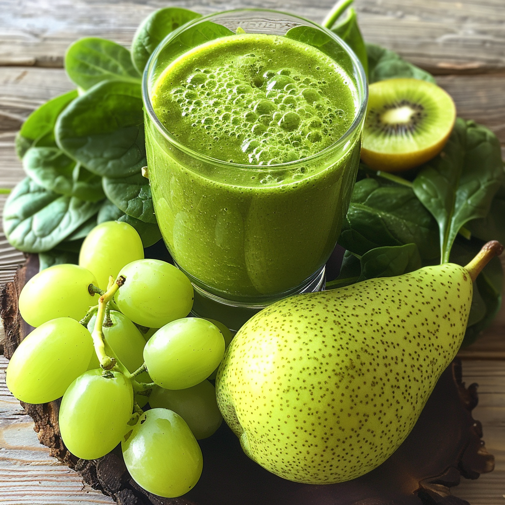 A glass of our Pear Perfection Smoothie stands proudly amidst a bounty of fresh, vibrant produce – think juicy green grapes, a succulent speckled pear, refreshing kiwi slices, and crisp spinach leaves. This symphony of nature’s finest is artfully arranged on a rustic wooden surface. Every sip bursts with goodness, embodying the health benefits and incredible freshness that Zestful Blends promises. Our commitment to eco-friendly practices ensures that you enjoy nature’s best in every delicious gulp! A glass of our Pear Perfection Smoothie stands proudly amidst a bounty of fresh, vibrant produce – think juicy green grapes, a succulent speckled pear, refreshing kiwi slices, and crisp spinach leaves. This symphony of nature’s finest is artfully arranged on a rustic wooden surface. Every sip bursts with goodness, embodying the health benefits and incredible freshness that Zestful Blends promises. Our commitment to eco-friendly practices ensures that you enjoy nature’s best in every delicious gulp!