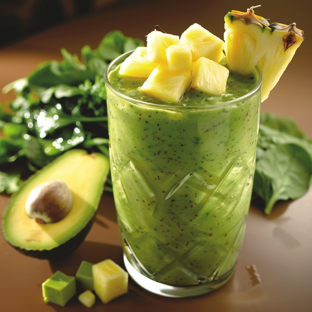 Experience the vibrant essence of Zestful Blends with our Pear Pineapple Paradise smoothie! Bursting with goodness, this refreshing elixir is a harmonious blend of juicy pineapple chunks and lush pear slices, taking you straight to paradise. Garnished to perfection with a festive pineapple slice, each sip offers a taste of tropical bliss. Paired perfectly with fresh spinach leaves and creamy avocado halves, this health-boosting delight promises unparalleled freshness. Displayed on an eco-friendly wooden table setting that complements the natural ingredients, our wholesome creation epitomizes Zestful Blends’ commitment to quality and sustainability. Indulge in vitality—savor every moment! Experience the vibrant essence of Zestful Blends with our Pear Pineapple Paradise smoothie! Bursting with goodness, this refreshing elixir is a harmonious blend of juicy pineapple chunks and lush pear slices, taking you straight to paradise. Garnished to perfection with a festive pineapple slice, each sip offers a taste of tropical bliss. Paired perfectly with fresh spinach leaves and creamy avocado halves, this health-boosting delight promises unparalleled freshness. Displayed on an eco-friendly wooden table setting that complements the natural ingredients, our wholesome creation epitomizes Zestful Blends’ commitment to quality and sustainability. Indulge in vitality—savor every moment!