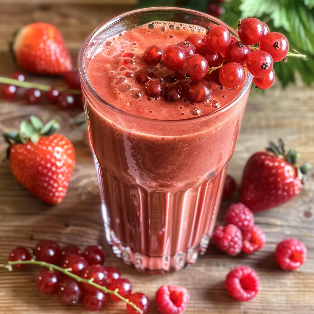 A tall glass of our Berry Sunrise Smoothie, bursting with goodness, sits center stage. This vibrant blend is garnished with a cluster of luscious red currants, embodying freshness and vitality. Surrounding the smoothie are radiant strawberries, juicy raspberries, and additional red currants—all echoing the promise of nature's best. The serene green leaves faintly visible in the background add a touch of tranquility to this powerhouse of health benefits. Indulge in the ultimate Zestful Blends experience—where every sip and bite supports your wellness journey while being kind to our planet. A tall glass of our Berry Sunrise Smoothie, bursting with goodness, sits center stage. This vibrant blend is garnished with a cluster of luscious red currants, embodying freshness and vitality. Surrounding the smoothie are radiant strawberries, juicy raspberries, and additional red currants—all echoing the promise of nature's best. The serene green leaves faintly visible in the background add a touch of tranquility to this powerhouse of health benefits. Indulge in the ultimate Zestful Blends experience—where every sip and bite supports your wellness journey while being kind to our planet.