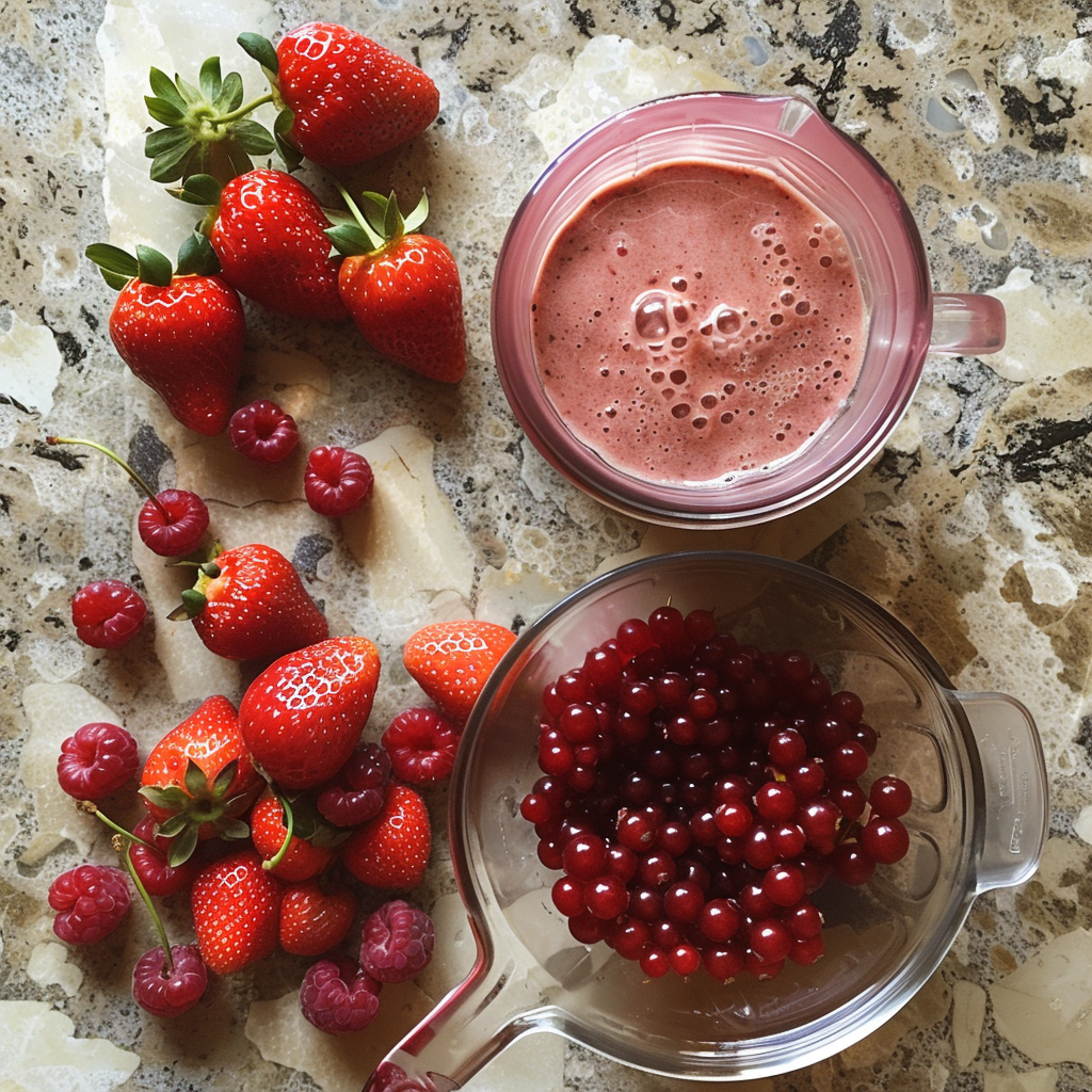 A pristine marble counter proudly displays an array of our vibrant and fresh offerings at Zestful Blends. Plump, juicy strawberries and raspberries mingle with a glass pitcher brimming with radiant red currants, each one bursting with goodness. Beside them sits a clear container holding our frothy Berry Sunrise Smoothie, expertly crafted to nourish and energize your day. This captivating setup highlights the impeccable freshness of our fruit selections and the invigorating health benefits found in every sip of our homemade smoothies. Experience nature’s best while supporting eco-friendly choices with Zestful Blends. A pristine marble counter proudly displays an array of our vibrant and fresh offerings at Zestful Blends. Plump, juicy strawberries and raspberries mingle with a glass pitcher brimming with radiant red currants, each one bursting with goodness. Beside them sits a clear container holding our frothy Berry Sunrise Smoothie, expertly crafted to nourish and energize your day. This captivating setup highlights the impeccable freshness of our fruit selections and the invigorating health benefits found in every sip of our homemade smoothies. Experience nature’s best while supporting eco-friendly choices with Zestful Blends.
