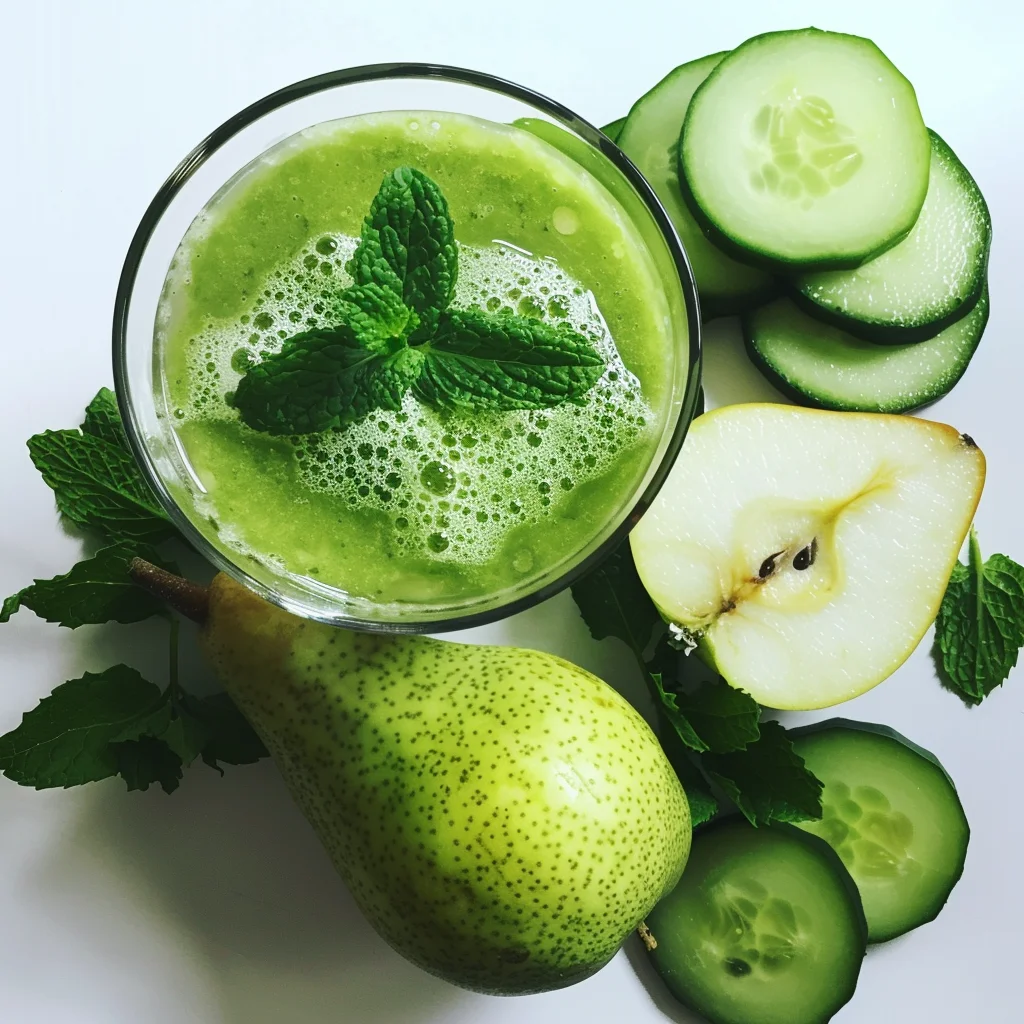 Experience the vitality of our Pear ‘n Peppermint Smoothie, a revitalizing blend bursting with goodness! Served in a glass and elegantly garnished with a mint leaf, this delightful creation is surrounded by fresh cucumber slices, juicy pear halves, whole pears, and fragrant mint leaves. Each ingredient is thoughtfully chosen to offer maximum freshness and health benefits. Zestful Blends takes pride in crafting nutritious delights that not only nourish your body but also support sustainable practices. Dive into this eco-friendly treat on a pristine white surface for an extra touch of elegance! Experience the vitality of our Pear ‘n Peppermint Smoothie, a revitalizing blend bursting with goodness! Served in a glass and elegantly garnished with a mint leaf, this delightful creation is surrounded by fresh cucumber slices, juicy pear halves, whole pears, and fragrant mint leaves. Each ingredient is thoughtfully chosen to offer maximum freshness and health benefits. Zestful Blends takes pride in crafting nutritious delights that not only nourish your body but also support sustainable practices. Dive into this eco-friendly treat on a pristine white surface for an extra touch of elegance!