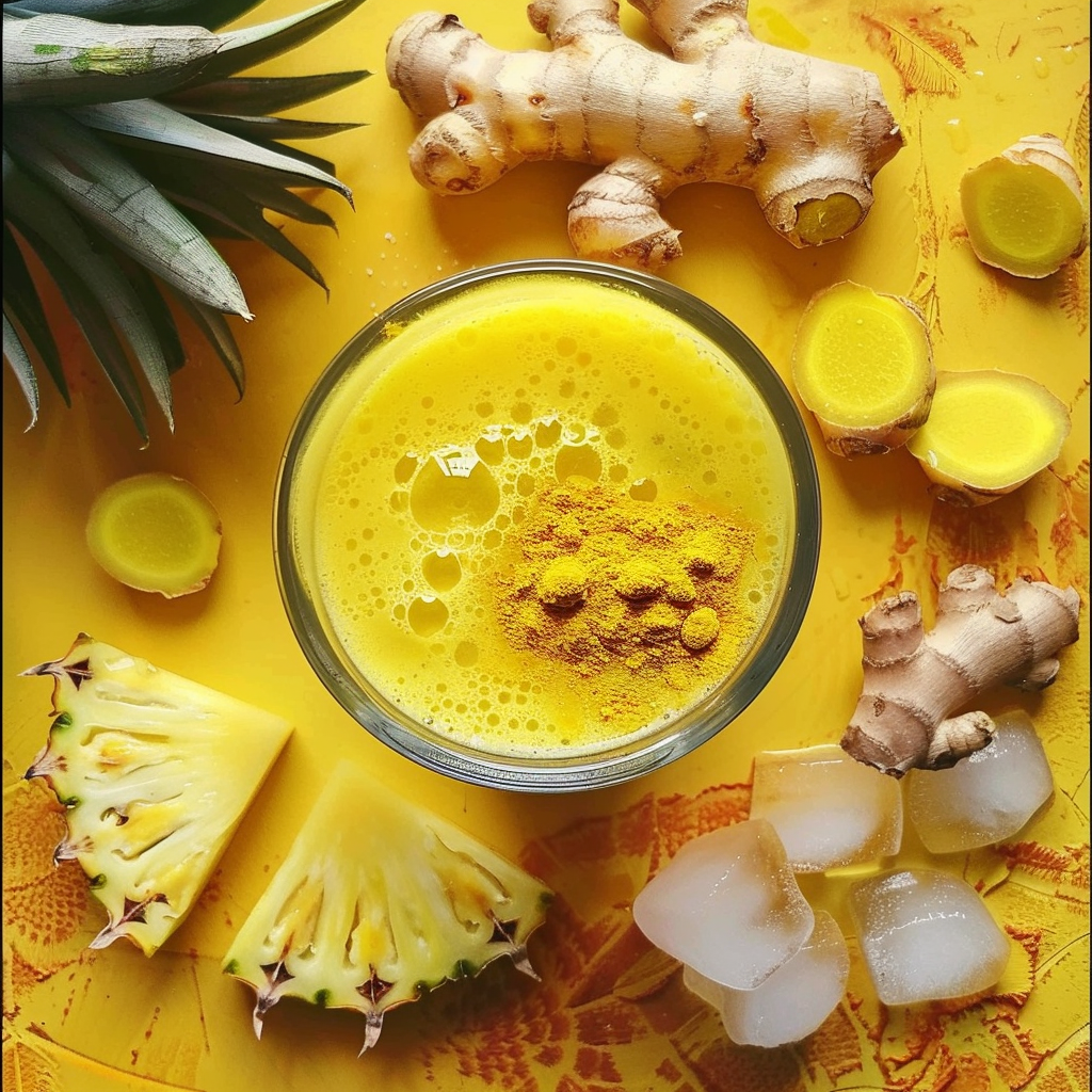 A vibrant yellow smoothie, the Pineapple Ginger Spark, brimming with turmeric powder in a sleek glass. Surrounded by fresh pineapple slices, robust ginger roots, and refreshing ice cubes on a sunny yellow backdrop—it’s bursting with goodness! This delightful blend epitomizes Zestful Blends’ commitment to health and freshness with every sip. Enjoy the invigorating benefits and eco-friendly essence of our carefully crafted smoothies as part of your wholesome journey. A vibrant yellow smoothie, the Pineapple Ginger Spark, brimming with turmeric powder in a sleek glass. Surrounded by fresh pineapple slices, robust ginger roots, and refreshing ice cubes on a sunny yellow backdrop—it’s bursting with goodness! This delightful blend epitomizes Zestful Blends’ commitment to health and freshness with every sip. Enjoy the invigorating benefits and eco-friendly essence of our carefully crafted smoothies as part of your wholesome journey.