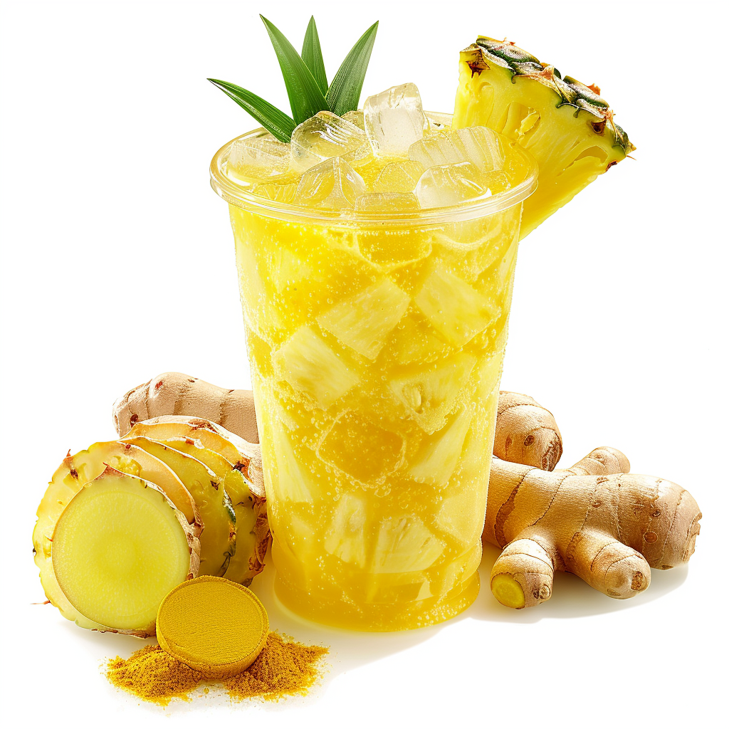 Experience the vibrant burst of goodness with our Pineapple Ginger Spark! This refreshing delight, chilled with crisp ice cubes and crowned with a juicy pineapple slice and fresh green leaves, is your perfect healthful refreshment. Nestled in an eco-friendly clear cup, this invigorating blend showcases the zesty flavors of ginger roots and the golden allure of turmeric powder—each element meticulously arranged to promise a revitalizing treat that's as visually stunning as it is beneficial for you. Dive into nature's best with Zestful Blends and savor every sip packed with freshness and wellness! 🌿🍍✨ Experience the vibrant burst of goodness with our Pineapple Ginger Spark! This refreshing delight, chilled with crisp ice cubes and crowned with a juicy pineapple slice and fresh green leaves, is your perfect healthful refreshment. Nestled in an eco-friendly clear cup, this invigorating blend showcases the zesty flavors of ginger roots and the golden allure of turmeric powder—each element meticulously arranged to promise a revitalizing treat that's as visually stunning as it is beneficial for you. Dive into nature's best with Zestful Blends and savor every sip packed with freshness and wellness! 🌿🍍✨