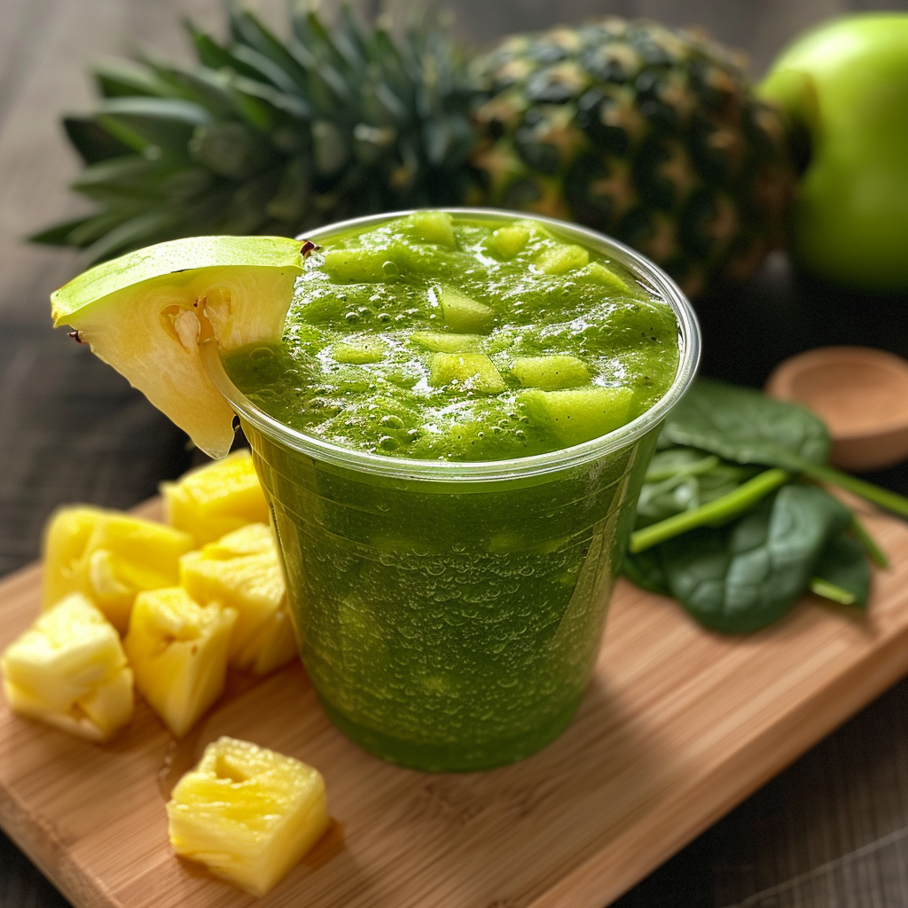 Behold the "Pineapple Green Dream Smoothie," a vibrant green delight bursting with goodness! Nestled in a clear cup, this refreshing smoothie is garnished with a luscious slice of pineapple and a wedge of lime, echoing its rich, tropical flavors. Set upon an artisanal wooden board, it’s surrounded by crisp spinach leaves, juicy pineapple chunks, and the majestic whole pineapple in the background. An apple and a charming wooden bowl complete this fresh arrangement. Elevate your day with nature’s finest blend of nutrients – Zestful Blends’ commitment to health and eco-friendly choices ensures every sip is as good for you as it is for the planet! Behold the "Pineapple Green Dream Smoothie," a vibrant green delight bursting with goodness! Nestled in a clear cup, this refreshing smoothie is garnished with a luscious slice of pineapple and a wedge of lime, echoing its rich, tropical flavors. Set upon an artisanal wooden board, it’s surrounded by crisp spinach leaves, juicy pineapple chunks, and the majestic whole pineapple in the background. An apple and a charming wooden bowl complete this fresh arrangement. Elevate your day with nature’s finest blend of nutrients – Zestful Blends’ commitment to health and eco-friendly choices ensures every sip is as good for you as it is for the planet!