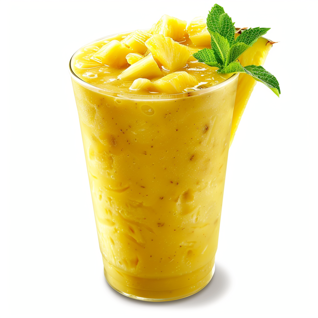 A tall glass brimming with our creamy, yellow Pineapple Paradise Smoothie, topped with luscious pineapple chunks. Garnished with a vibrant wedge of ripe pineapple and a sprig of fresh mint, this tropical delight delivers paradise in every sip. Bursting with goodness and packed with essential nutrients, this refreshing treat not only tantalizes your taste buds but also fuels your body with natural energy. Enjoy the essence of tropical freshness while embracing Zestful Blends’ commitment to health and eco-friendly practices. A tall glass brimming with our creamy, yellow Pineapple Paradise Smoothie, topped with luscious pineapple chunks. Garnished with a vibrant wedge of ripe pineapple and a sprig of fresh mint, this tropical delight delivers paradise in every sip. Bursting with goodness and packed with essential nutrients, this refreshing treat not only tantalizes your taste buds but also fuels your body with natural energy. Enjoy the essence of tropical freshness while embracing Zestful Blends’ commitment to health and eco-friendly practices.