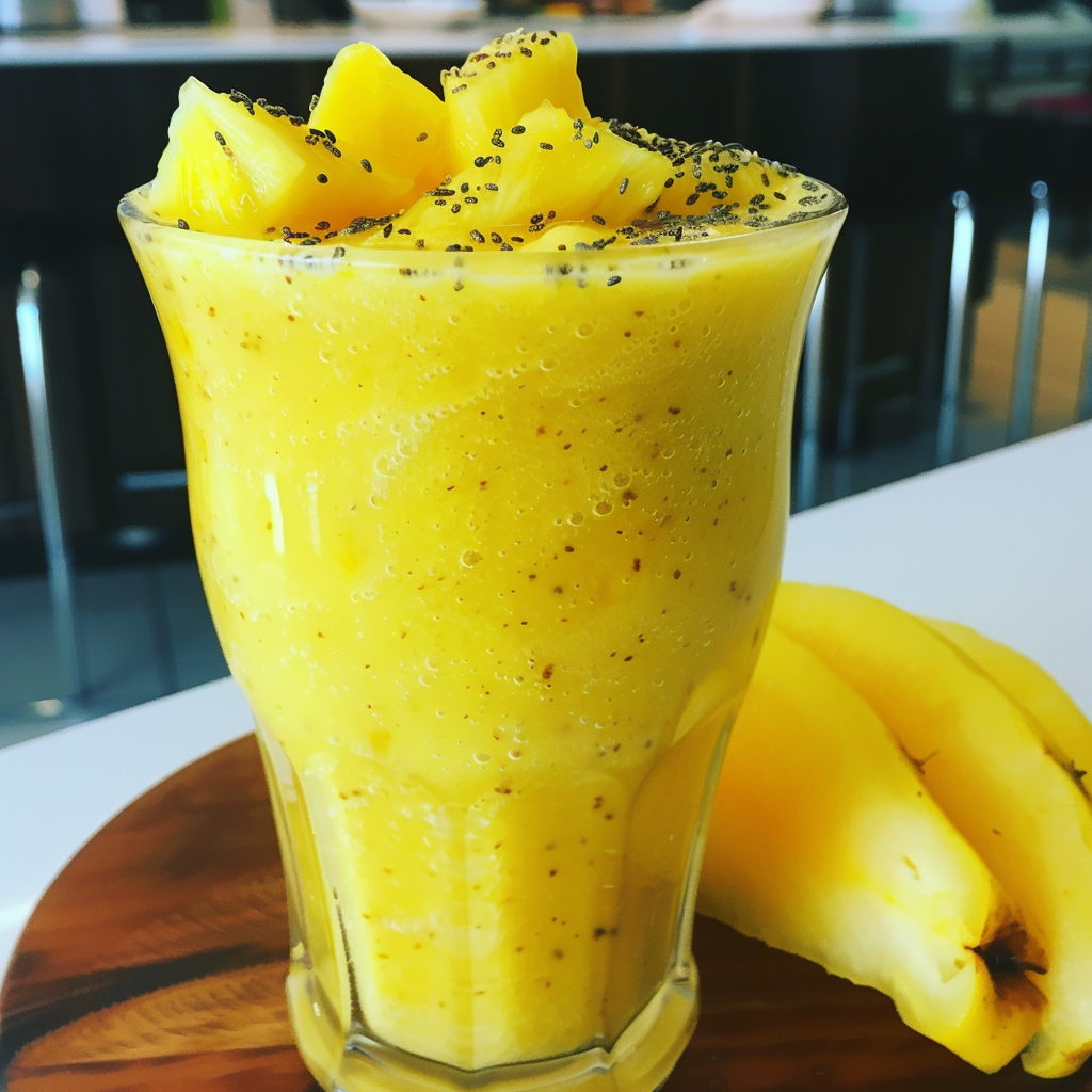 Discover pure vitality with our Pineapple Paradise Smoothie, a glass brimming with fresh, succulent pineapple chunks and nutrient-packed chia seeds that evoke an exotic taste of paradise. Beside it, a perfectly ripe banana invites you to embrace natural goodness. Set against the backdrop of a sleek, modern kitchen, this vibrant scene is not just about delicious flavor but also a commitment to eco-friendly choices and wholesome health benefits. At Zestful Blends, every sip and bite is bursting with goodness! Discover pure vitality with our Pineapple Paradise Smoothie, a glass brimming with fresh, succulent pineapple chunks and nutrient-packed chia seeds that evoke an exotic taste of paradise. Beside it, a perfectly ripe banana invites you to embrace natural goodness. Set against the backdrop of a sleek, modern kitchen, this vibrant scene is not just about delicious flavor but also a commitment to eco-friendly choices and wholesome health benefits. At Zestful Blends, every sip and bite is bursting with goodness!
