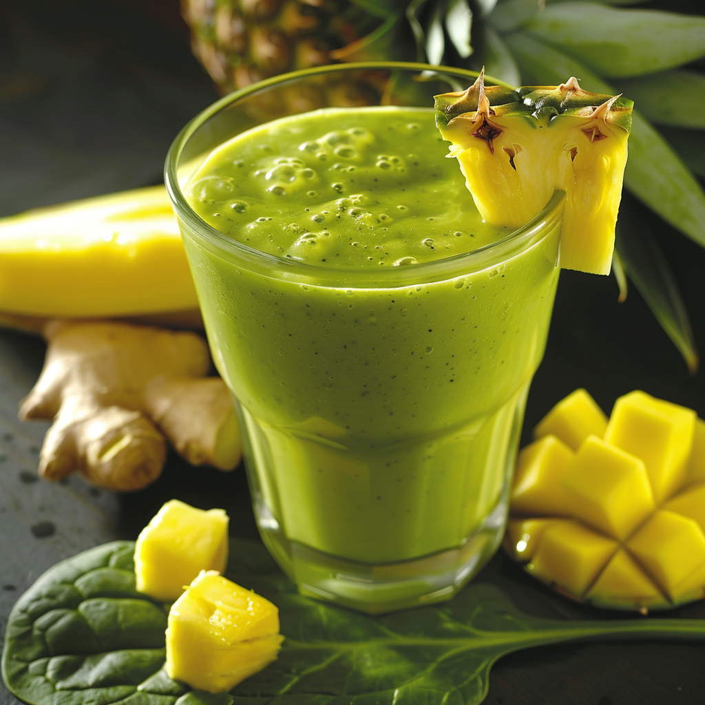 A glass of our vibrant green Pineapple Pep Smoothie, bursting with goodness and garnished with juicy pineapple slices. Surrounding the smoothie are fresh, nutrient-packed ingredients including crisp spinach leaves, zesty ginger, succulent pineapple chunks, and luscious mango pieces. The bright and lively setting reflects the freshness of our offerings at Zestful Blends—a pep in your step with every sip! Embrace health and wellness while enjoying eco-friendly choices that nourish you from the inside out. A glass of our vibrant green Pineapple Pep Smoothie, bursting with goodness and garnished with juicy pineapple slices. Surrounding the smoothie are fresh, nutrient-packed ingredients including crisp spinach leaves, zesty ginger, succulent pineapple chunks, and luscious mango pieces. The bright and lively setting reflects the freshness of our offerings at Zestful Blends—a pep in your step with every sip! Embrace health and wellness while enjoying eco-friendly choices that nourish you from the inside out.