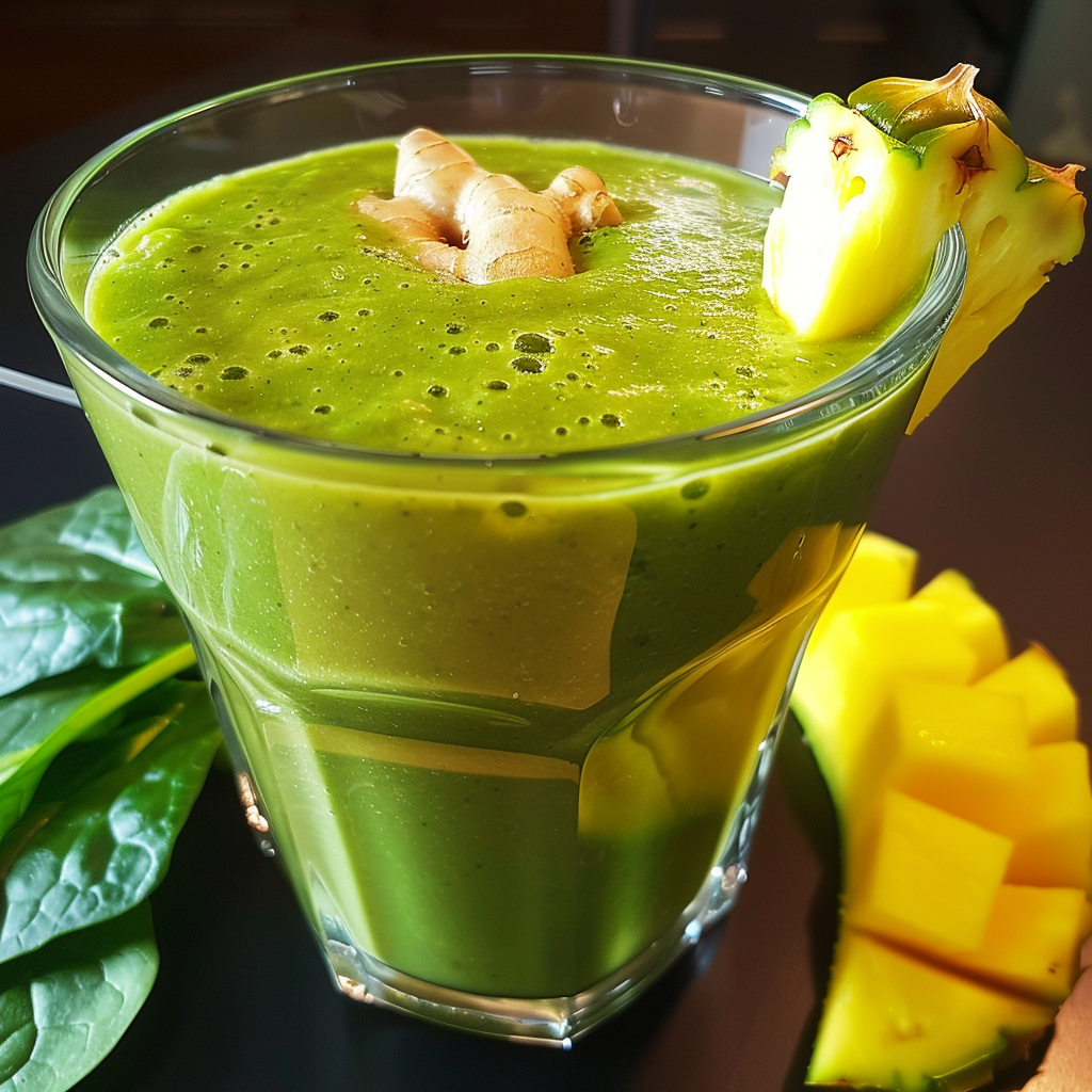 Savor the revitalizing zest of our Pineapple Pep Smoothie, bursting with goodness in every sip! Served in a sleek, eco-friendly glass and adorned with a vibrant pineapple slice and fresh ginger, this sensational drink packs the nutritional punch of fresh spinach leaves and succulent mango pieces. Refresh your senses while embracing the epitome of health and freshness—all artfully arranged to delight your taste buds on our signature dark surface. Discover the perfect blend of nature’s finest ingredients with Zestful Blends. Savor the revitalizing zest of our Pineapple Pep Smoothie, bursting with goodness in every sip! Served in a sleek, eco-friendly glass and adorned with a vibrant pineapple slice and fresh ginger, this sensational drink packs the nutritional punch of fresh spinach leaves and succulent mango pieces. Refresh your senses while embracing the epitome of health and freshness—all artfully arranged to delight your taste buds on our signature dark surface. Discover the perfect blend of nature’s finest ingredients with Zestful Blends.