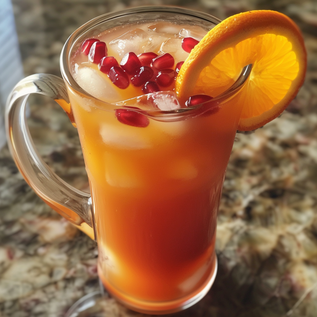 A tall glass of our Pomegranate Citrus Squeeze, garnished with juicy pomegranate seeds and a vibrant orange slice on the rim. This revitalizing drink, bursting with citrus goodness, showcases an inviting amber hue and is served over refreshing ice cubes. Nestled on a chic marble surface, this eco-friendly delight embodies the fresh, health-boosting essence of Zestful Blends. A tall glass of our Pomegranate Citrus Squeeze, garnished with juicy pomegranate seeds and a vibrant orange slice on the rim. This revitalizing drink, bursting with citrus goodness, showcases an inviting amber hue and is served over refreshing ice cubes. Nestled on a chic marble surface, this eco-friendly delight embodies the fresh, health-boosting essence of Zestful Blends.