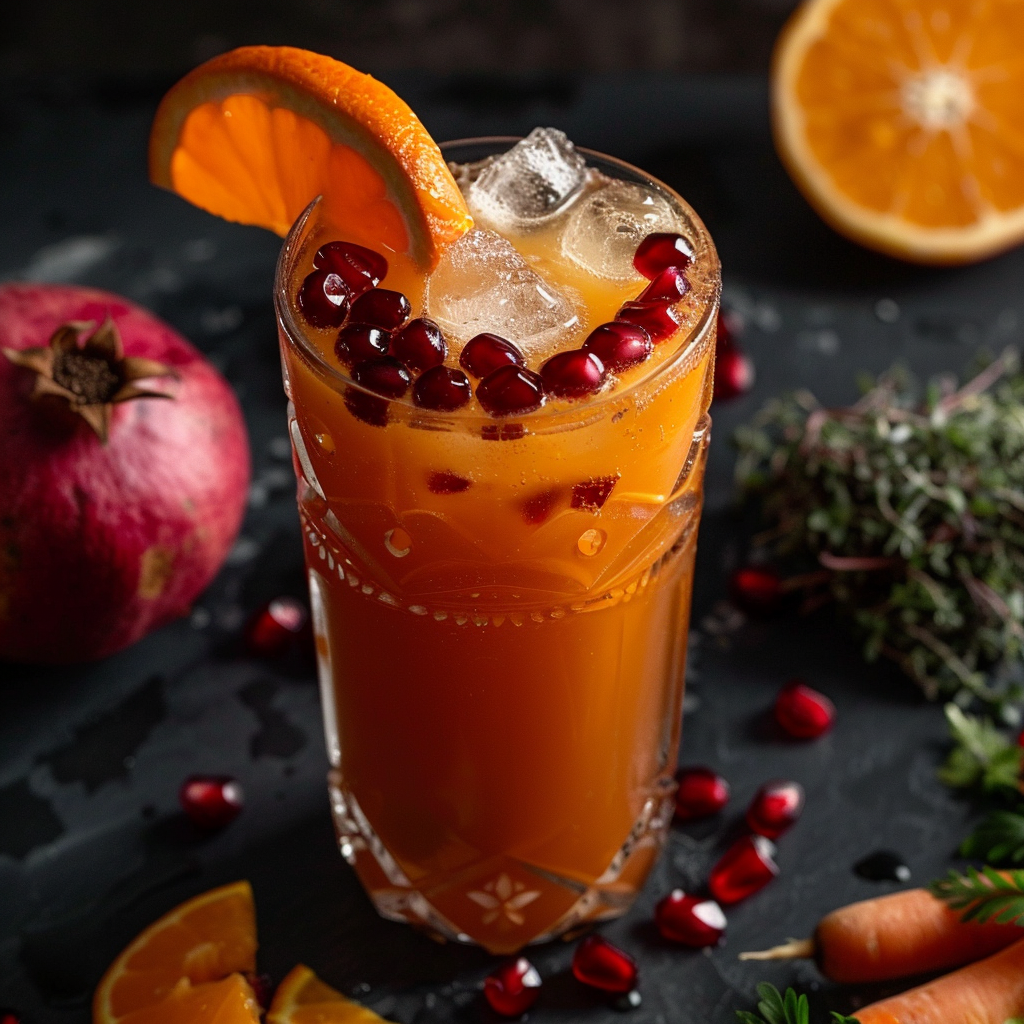 A tall glass of our Pomegranate Citrus Squeeze, bursting with goodness and garnished with refreshing ice cubes, a vibrant orange slice, and jewel-like pomegranate seeds. Set against a sleek dark backdrop, the scene is delightfully adorned with whole pomegranates, juicy citrus halves, and fresh herbs, showcasing the vitality and freshness of Zestful Blends. Indulge in this revitalizing drink that embodies health benefits in every sip. Plus, enjoy knowing our eco-friendly processes ensure you’re caring for yourself and the planet! A tall glass of our Pomegranate Citrus Squeeze, bursting with goodness and garnished with refreshing ice cubes, a vibrant orange slice, and jewel-like pomegranate seeds. Set against a sleek dark backdrop, the scene is delightfully adorned with whole pomegranates, juicy citrus halves, and fresh herbs, showcasing the vitality and freshness of Zestful Blends. Indulge in this revitalizing drink that embodies health benefits in every sip. Plus, enjoy knowing our eco-friendly processes ensure you’re caring for yourself and the planet!