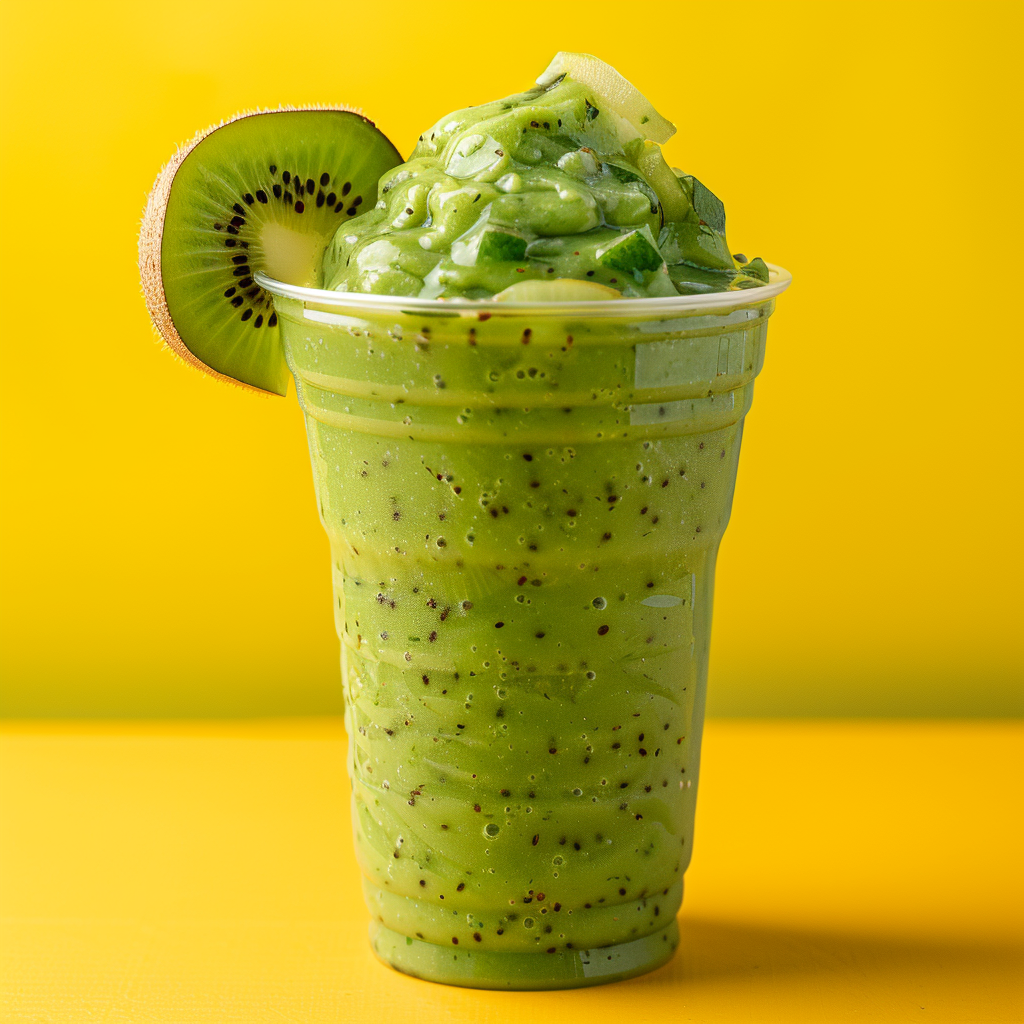 A clear, eco-friendly cup brimming with our thick and vibrant Prickly Pear Power Smoothie takes center stage against a radiant yellow backdrop. This nutritious blend is bursting with goodness and speckled with black kiwi seeds, promising every sip to be a refreshing delight. Topped with a slice of fresh kiwi, this smoothie radiates health benefits and the unparalleled freshness that Zestful Blends is known for. Enjoy the energizing flavors and wholesome ingredients in every delicious drop! A clear, eco-friendly cup brimming with our thick and vibrant Prickly Pear Power Smoothie takes center stage against a radiant yellow backdrop. This nutritious blend is bursting with goodness and speckled with black kiwi seeds, promising every sip to be a refreshing delight. Topped with a slice of fresh kiwi, this smoothie radiates health benefits and the unparalleled freshness that Zestful Blends is known for. Enjoy the energizing flavors and wholesome ingredients in every delicious drop!