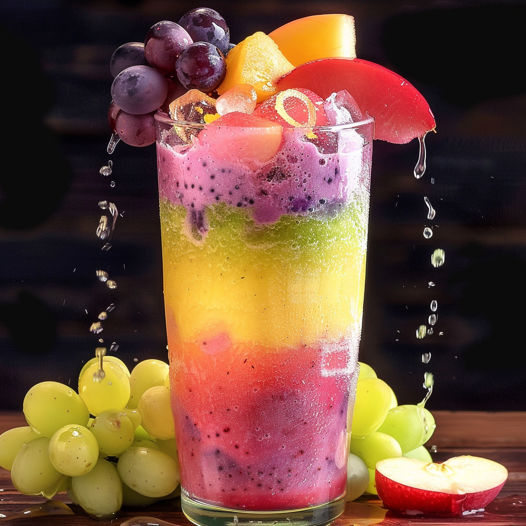 Discover the vibrant allure of our Rainbow Orchard Fusion – a tantalizing layered fruit smoothie that’s bursting with goodness. This healthful delight boasts stunning rainbow bands of red, yellow, and green, crowned with plump purple and green grapes, succulent peach slices, and juicy pineapple chunks. As refreshing water droplets shimmer down the tall glass, you’ll savor the pristine freshness that's straight from our eco-friendly orchards. Paired beside the glass are fresh grapes and a peach wedge – each bite is a testament to Zestful Blends' commitment to delivering wholesome flavors in every sip.
(Note: If additional details such as dimensions or specific health benefits were provided, they would be seamlessly integrated into this text.) Discover the vibrant allure of our Rainbow Orchard Fusion – a tantalizing layered fruit smoothie that’s bursting with goodness. This healthful delight boasts stunning rainbow bands of red, yellow, and green, crowned with plump purple and green grapes, succulent peach slices, and juicy pineapple chunks. As refreshing water droplets shimmer down the tall glass, you’ll savor the pristine freshness that's straight from our eco-friendly orchards. Paired beside the glass are fresh grapes and a peach wedge – each bite is a testament to Zestful Blends' commitment to delivering wholesome flavors in every sip.
(Note: If additional details such as dimensions or specific health benefits were provided, they would be seamlessly integrated into this text.)