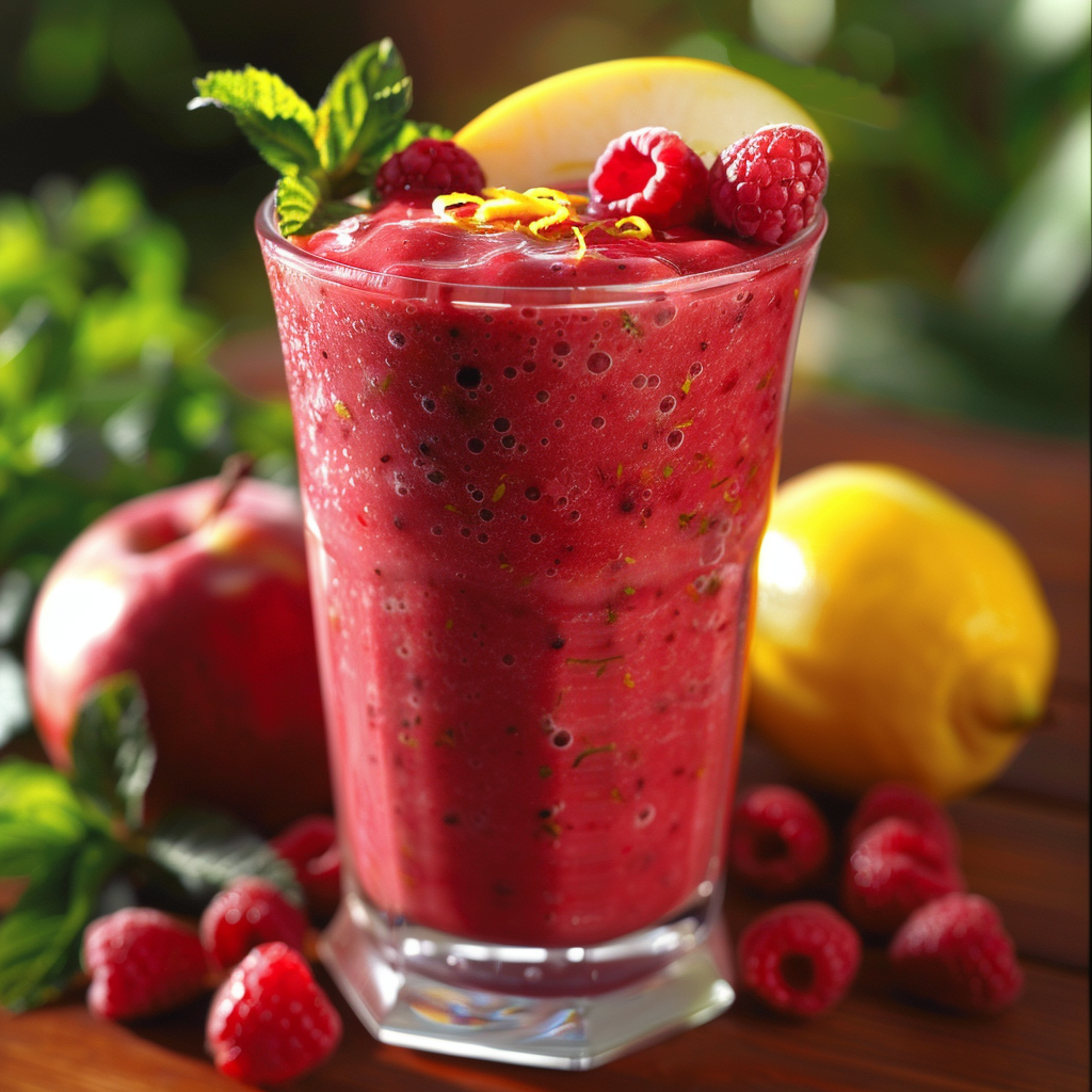 Experience the zesty burst of health with our Raspberry Refresher Smoothie! This vibrant red delight, garnished with fresh raspberries, a tangy lemon slice, and rejuvenating mint leaves, sits tall and proud in its glass. Around it, nature's bounty—plump raspberries, a crisp red apple, a zesty lemon, and aromatic mint sprigs—showcase the freshness and vitality that define Zestful Blends. Our smoothies are more than just delicious; they're eco-friendly choices brimming with goodness to energize your day. Savor the taste of pure wellness! 🌿🍋🍏 Experience the zesty burst of health with our Raspberry Refresher Smoothie! This vibrant red delight, garnished with fresh raspberries, a tangy lemon slice, and rejuvenating mint leaves, sits tall and proud in its glass. Around it, nature's bounty—plump raspberries, a crisp red apple, a zesty lemon, and aromatic mint sprigs—showcase the freshness and vitality that define Zestful Blends. Our smoothies are more than just delicious; they're eco-friendly choices brimming with goodness to energize your day. Savor the taste of pure wellness! 🌿🍋🍏