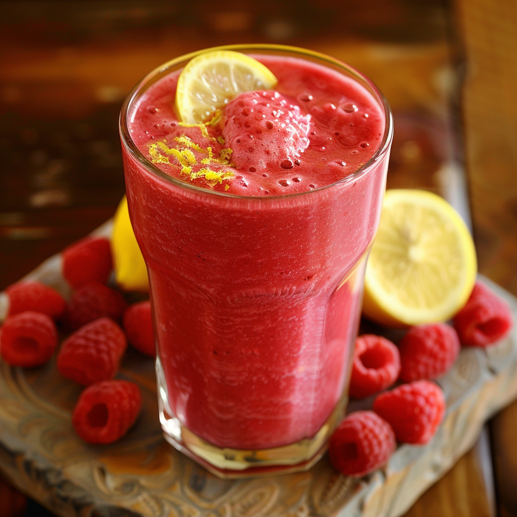 A tall glass brimming with our vibrant Raspberry Refresher Smoothie, crowned with a delicate lemon slice and zest. Surrounding the glass, luscious raspberries hint at the burst of goodness within. Perfectly presenting freshness and flavor on a rustic wooden surface, this smoothie is a testament to Zestful Blends’ commitment to health and eco-friendly deliciousness. Treat yourself to nature’s finest ingredients in every sip! A tall glass brimming with our vibrant Raspberry Refresher Smoothie, crowned with a delicate lemon slice and zest. Surrounding the glass, luscious raspberries hint at the burst of goodness within. Perfectly presenting freshness and flavor on a rustic wooden surface, this smoothie is a testament to Zestful Blends’ commitment to health and eco-friendly deliciousness. Treat yourself to nature’s finest ingredients in every sip!
