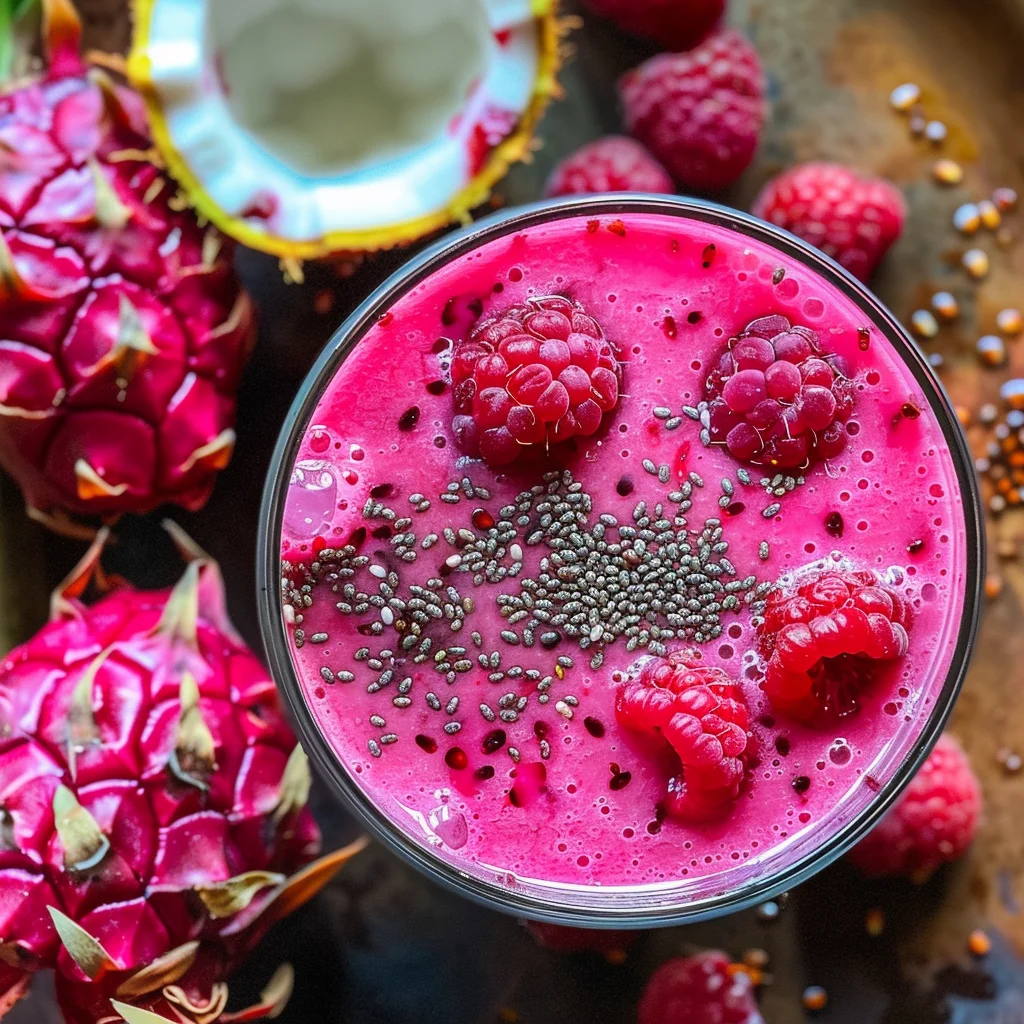 Immerse yourself in the **Red Dragon Delight Smoothie** from Zestful Blends, a bright pink masterpiece bursting with goodness! Our vibrant smoothie is crowned with chia seeds and fresh raspberries, surrounded by whole raspberries and succulent slices of dragon fruit. Handcrafted to invigorate your senses, this delightful blend promises a refreshing burst of health benefits and vitality. Enjoy the uplifting power of nature in every sip and feel good knowing you’re choosing eco-friendly ingredients that are as kind to the planet as they are nourishing to you.
