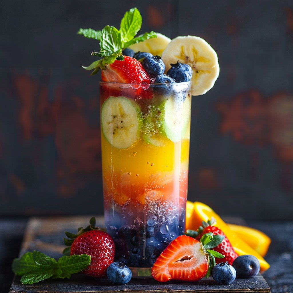 Introducing the Refreshing Rainbow Cooler by Zestful Blends—a vibrant ode to health and freshness! This tall, colorful layered delight bursts with goodness, featuring luscious slices of bananas, strawberries, kiwi, and blueberries. Garnished with a sprig of mint for that extra zing, every sip promises a refreshing escape. Nestled against a dark backdrop adorned with scattered fresh fruits, this cooler epitomizes our commitment to eco-friendly practices and superior quality. Discover an invigorating blend that's not only delicious but also packed with essential nutrients—perfectly curated for your zestful lifestyle! Introducing the Refreshing Rainbow Cooler by Zestful Blends—a vibrant ode to health and freshness! This tall, colorful layered delight bursts with goodness, featuring luscious slices of bananas, strawberries, kiwi, and blueberries. Garnished with a sprig of mint for that extra zing, every sip promises a refreshing escape. Nestled against a dark backdrop adorned with scattered fresh fruits, this cooler epitomizes our commitment to eco-friendly practices and superior quality. Discover an invigorating blend that's not only delicious but also packed with essential nutrients—perfectly curated for your zestful lifestyle!