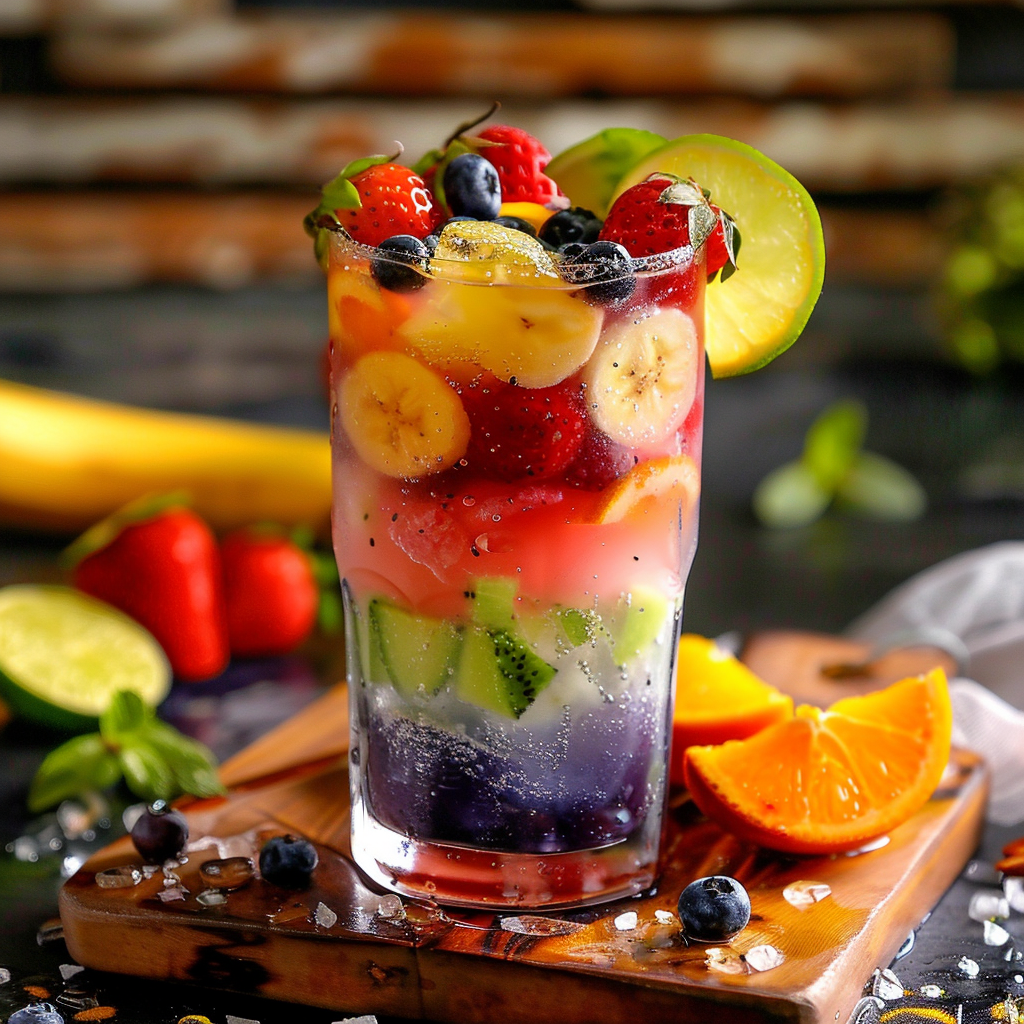 Behold the Refreshing Rainbow Cooler—from Zestful Blends—a vibrant symphony of freshness and health! This tall glass brims with layers of luscious bananas, strawberries, blueberries, and kiwi, all bursting with goodness. Crowned with fresh fruit and garnished with a zesty lime slice, this cooler is a feast for both the eyes and body. Set on an inviting wooden board adorned with an array of colorful fruit slices, it’s your perfect go-to for a revitalizing treat that’s as eco-friendly as it is delicious. Dive into the flavors of pure vitality! Behold the Refreshing Rainbow Cooler—from Zestful Blends—a vibrant symphony of freshness and health! This tall glass brims with layers of luscious bananas, strawberries, blueberries, and kiwi, all bursting with goodness. Crowned with fresh fruit and garnished with a zesty lime slice, this cooler is a feast for both the eyes and body. Set on an inviting wooden board adorned with an array of colorful fruit slices, it’s your perfect go-to for a revitalizing treat that’s as eco-friendly as it is delicious. Dive into the flavors of pure vitality!