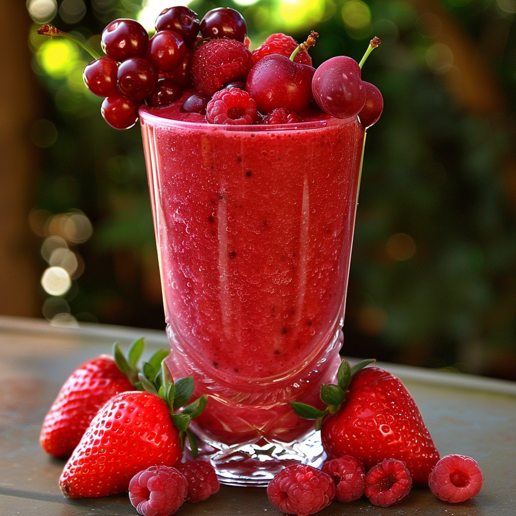 Indulge in the vibrant Ruby Red Rhapsody Smoothie, a glass brimming with health-packed goodness and crowned with juicy cherries and red currants. This burst of fresh flavors is surrounded by succulent strawberries, raspberries, and more cherries—all artfully arranged on a rustic wooden surface. Savor the natural sweetness and nourishing benefits of our delicious smoothies, made from sustainably sourced ingredients that are as kind to your body as they are to the planet. Experience Zestful Blends—where freshness meets vitality! Indulge in the vibrant Ruby Red Rhapsody Smoothie, a glass brimming with health-packed goodness and crowned with juicy cherries and red currants. This burst of fresh flavors is surrounded by succulent strawberries, raspberries, and more cherries—all artfully arranged on a rustic wooden surface. Savor the natural sweetness and nourishing benefits of our delicious smoothies, made from sustainably sourced ingredients that are as kind to your body as they are to the planet. Experience Zestful Blends—where freshness meets vitality!