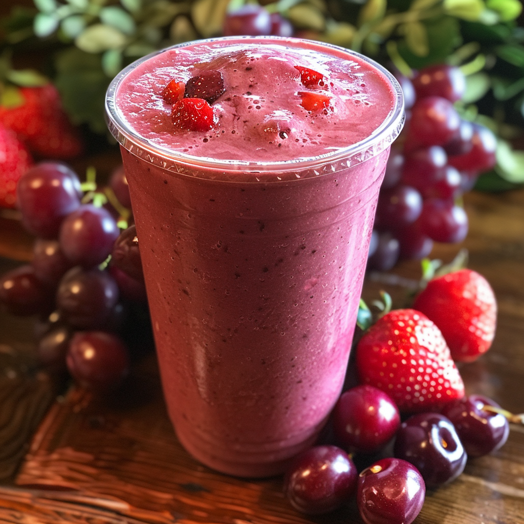 Bursting with goodness, our Ruby Red Rhapsody Smoothie takes center stage in a clear eco-friendly cup, exuding vibrant purple hues and garnished with plump red berries. This luscious smoothie is surrounded by fresh, juicy grapes, strawberries, and cherries on a rustic wooden table. The lush greenery blurred in the background adds to the freshness appeal of this health-boosting delight from Zestful Blends. Feel revitalized and indulge in pure vitality with every sip! Bursting with goodness, our Ruby Red Rhapsody Smoothie takes center stage in a clear eco-friendly cup, exuding vibrant purple hues and garnished with plump red berries. This luscious smoothie is surrounded by fresh, juicy grapes, strawberries, and cherries on a rustic wooden table. The lush greenery blurred in the background adds to the freshness appeal of this health-boosting delight from Zestful Blends. Feel revitalized and indulge in pure vitality with every sip!