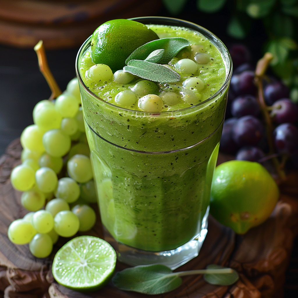 Introducing our invigorating Sage Citrus Squeeze Smoothie, bursting with goodness! This delightful fusion is served in a stylish glass, adorned with a zesty lime wedge, aromatic sage leaves, and plump grapes for that extra touch of freshness. Surrounding the smoothie is a vibrant display of luscious green and purple grapes, freshly sliced citrus lime, and verdant foliage—an embodiment of health and vitality. At Zestful Blends, we prioritize eco-friendly choices to bring you the freshest fruit salads, energizing juices, wholesome snacks, nutrient-packed smoothies, convenient whole fruit packs, and delectable desserts. Embrace the zest for life with every sip! Introducing our invigorating Sage Citrus Squeeze Smoothie, bursting with goodness! This delightful fusion is served in a stylish glass, adorned with a zesty lime wedge, aromatic sage leaves, and plump grapes for that extra touch of freshness. Surrounding the smoothie is a vibrant display of luscious green and purple grapes, freshly sliced citrus lime, and verdant foliage—an embodiment of health and vitality. At Zestful Blends, we prioritize eco-friendly choices to bring you the freshest fruit salads, energizing juices, wholesome snacks, nutrient-packed smoothies, convenient whole fruit packs, and delectable desserts. Embrace the zest for life with every sip!