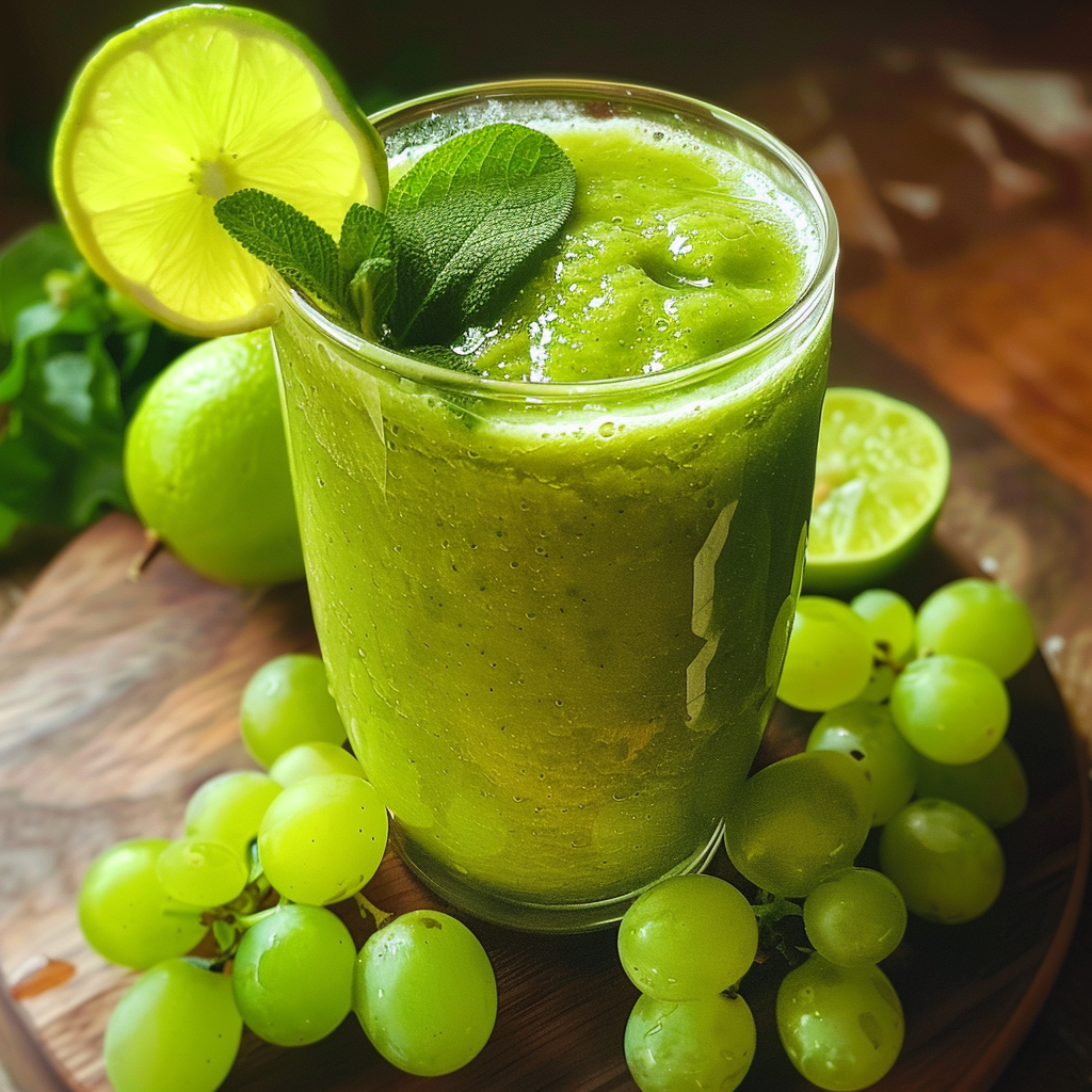A tall glass brimming with our vibrant green Sage Citrus Squeeze Smoothie, bursting with freshness and health benefits. This invigorating blend is adorned with a slice of zesty lime and a fragrant sprig of mint, surrounded by plump green grapes and whole limes on a rustic wooden surface. At Zestful Blends, we prioritize eco-friendly ingredients to bring you snacks, juices, fruit salads, smoothies, whole fruit packs, and desserts that are always bursting with goodness. A tall glass brimming with our vibrant green Sage Citrus Squeeze Smoothie, bursting with freshness and health benefits. This invigorating blend is adorned with a slice of zesty lime and a fragrant sprig of mint, surrounded by plump green grapes and whole limes on a rustic wooden surface. At Zestful Blends, we prioritize eco-friendly ingredients to bring you snacks, juices, fruit salads, smoothies, whole fruit packs, and desserts that are always bursting with goodness.