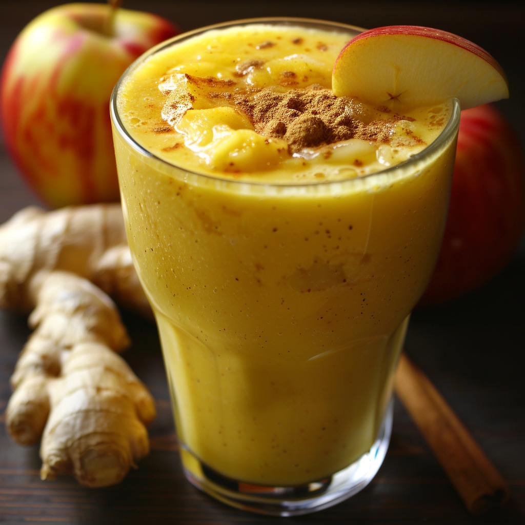 A golden glass of "Spiced Golden Delight Smoothie," bursting with goodness, garnished with a crisp apple slice and a sprinkle of cinnamon. Fresh ginger roots, juicy apples, and aromatic cinnamon sticks enhance the background. This vibrant yellow smoothie showcases our spiced turmeric blend, offering refreshing wellness in every sip. At Zestful Blends, we deliver health benefits and freshness through our eco-friendly process—experience the zest! 🌿🍏✨ A golden glass of "Spiced Golden Delight Smoothie," bursting with goodness, garnished with a crisp apple slice and a sprinkle of cinnamon. Fresh ginger roots, juicy apples, and aromatic cinnamon sticks enhance the background. This vibrant yellow smoothie showcases our spiced turmeric blend, offering refreshing wellness in every sip. At Zestful Blends, we deliver health benefits and freshness through our eco-friendly process—experience the zest! 🌿🍏✨