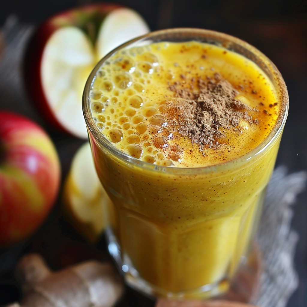 A glass brimming with our frothy yellow Spiced Golden Delight Smoothie, crowned with a sprinkle of cinnamon. Bursting with goodness, this nutritious blend features fresh apples and zesty ginger, offering a symphony of flavors. Set against a dark wooden backdrop that highlights the authentic ingredients and eco-friendly vibe, this vibrant smoothie promises to energize your day with every sip! A glass brimming with our frothy yellow Spiced Golden Delight Smoothie, crowned with a sprinkle of cinnamon. Bursting with goodness, this nutritious blend features fresh apples and zesty ginger, offering a symphony of flavors. Set against a dark wooden backdrop that highlights the authentic ingredients and eco-friendly vibe, this vibrant smoothie promises to energize your day with every sip!