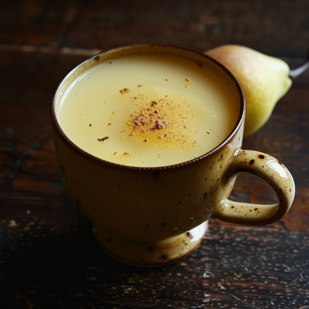 A vibrant, beige ceramic mug brimming with our Spiced Golden Pear Cider, sprinkled generously with aromatic spices, is set against a rustic wooden table. Nearby, a fresh whole pear adds a touch of natural elegance. This delightful drink is bursting with goodness and packed with health benefits. Savor the perfect harmony of flavors while knowing you're choosing eco-friendly freshness from Zestful Blends! A vibrant, beige ceramic mug brimming with our Spiced Golden Pear Cider, sprinkled generously with aromatic spices, is set against a rustic wooden table. Nearby, a fresh whole pear adds a touch of natural elegance. This delightful drink is bursting with goodness and packed with health benefits. Savor the perfect harmony of flavors while knowing you're choosing eco-friendly freshness from Zestful Blends!