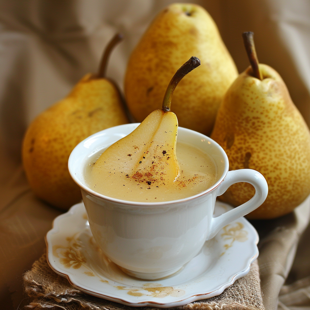 Feel the vibrant zing of our Spiced Golden Pear beverage, bursting with goodness and garnished with a luscious pear slice and delicate spices. Served in an elegant white teacup adorned with floral motifs, this drink exemplifies Zestful Blends’ commitment to freshness and health benefits. In the background, whole fresh pears beckon you, promising premium quality in every sip. Embrace the rustic warmth of our eco-friendly setting, accentuated by a soft brown cloth that enhances your wholesome experience. Dive into wellness today! Feel the vibrant zing of our Spiced Golden Pear beverage, bursting with goodness and garnished with a luscious pear slice and delicate spices. Served in an elegant white teacup adorned with floral motifs, this drink exemplifies Zestful Blends’ commitment to freshness and health benefits. In the background, whole fresh pears beckon you, promising premium quality in every sip. Embrace the rustic warmth of our eco-friendly setting, accentuated by a soft brown cloth that enhances your wholesome experience. Dive into wellness today!
