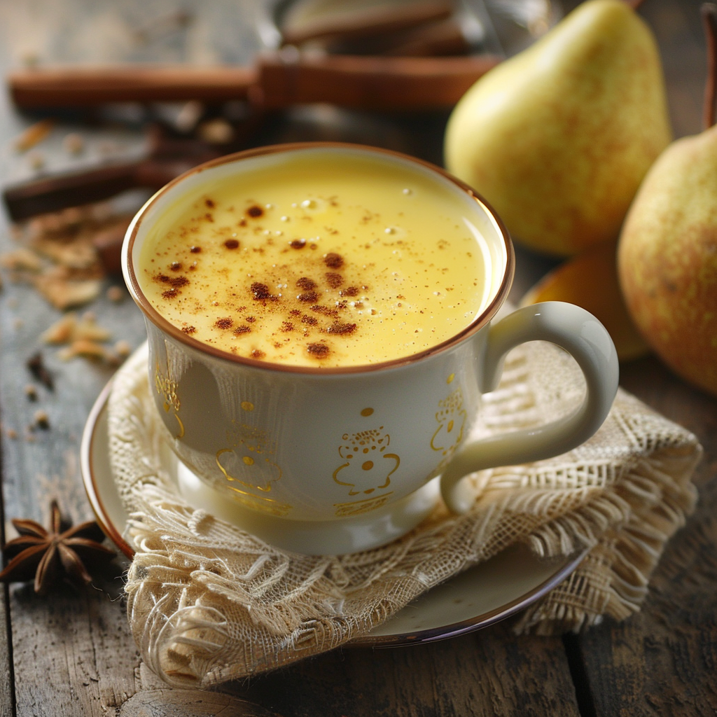A vibrant cup of creamy yellow Spiced Pear Elixir, bursting with goodness and sprinkled with cinnamon, sits elegantly on a saucer atop a textured cloth. In the background, fresh pears and cinnamon sticks promise unparalleled freshness and health benefits, creating an inviting and cozy setting. The rustic wooden surface enhances the natural appeal of this delightful elixir from Zestful Blends. Our eco-friendly practices shine through in every sip. A vibrant cup of creamy yellow Spiced Pear Elixir, bursting with goodness and sprinkled with cinnamon, sits elegantly on a saucer atop a textured cloth. In the background, fresh pears and cinnamon sticks promise unparalleled freshness and health benefits, creating an inviting and cozy setting. The rustic wooden surface enhances the natural appeal of this delightful elixir from Zestful Blends. Our eco-friendly practices shine through in every sip.