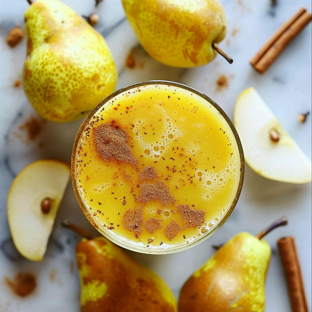 A crystal-clear glass brimming with our creamy yellow Spiced Pear Elixir, crowned with a tantalizing sprinkle of cinnamon. Nestled on a pristine white marble surface, this scene is adorned with whole and freshly sliced pears alongside fragrant cinnamon sticks. Bursting with goodness, this elixir combines the natural sweetness of ripe pears with a hint of warming spice. Perfect for energizing your day or winding down in the evening, enjoy the pure freshness and abundant health benefits every sip offers. At Zestful Blends, we’re committed to eco-friendly practices that ensure you savor nature’s finest in every product! A crystal-clear glass brimming with our creamy yellow Spiced Pear Elixir, crowned with a tantalizing sprinkle of cinnamon. Nestled on a pristine white marble surface, this scene is adorned with whole and freshly sliced pears alongside fragrant cinnamon sticks. Bursting with goodness, this elixir combines the natural sweetness of ripe pears with a hint of warming spice. Perfect for energizing your day or winding down in the evening, enjoy the pure freshness and abundant health benefits every sip offers. At Zestful Blends, we’re committed to eco-friendly practices that ensure you savor nature’s finest in every product!
